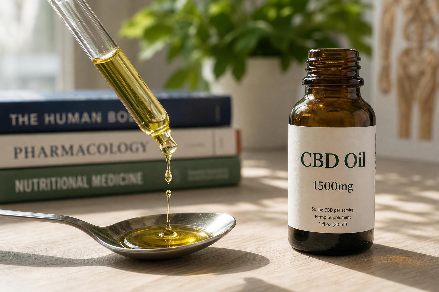 Dropper dispensing CBD oil near bottle labeled CBD Oil 1500mg