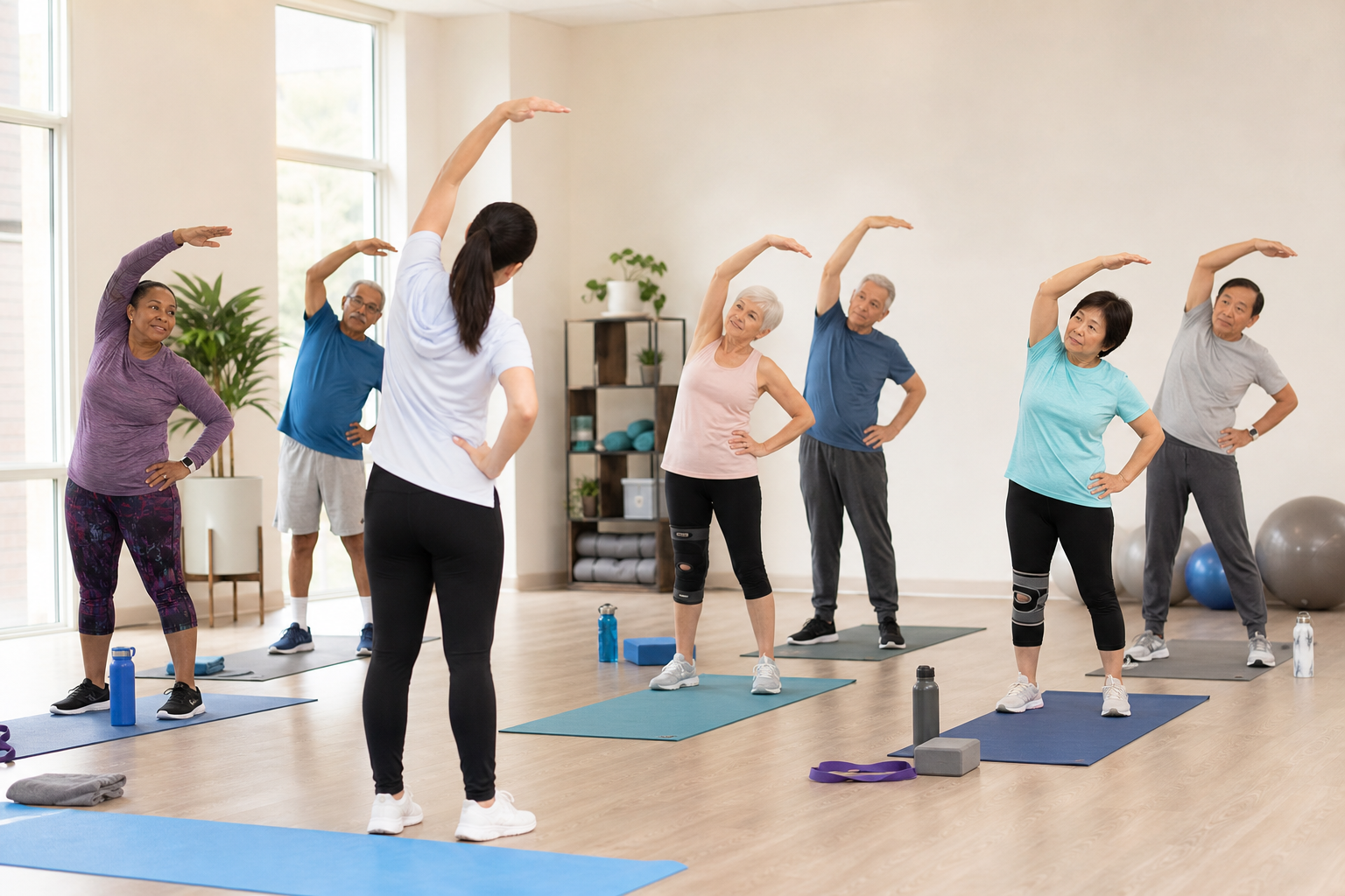 Older adults stretching in gym with physical therapist, yoga mats and water bottles