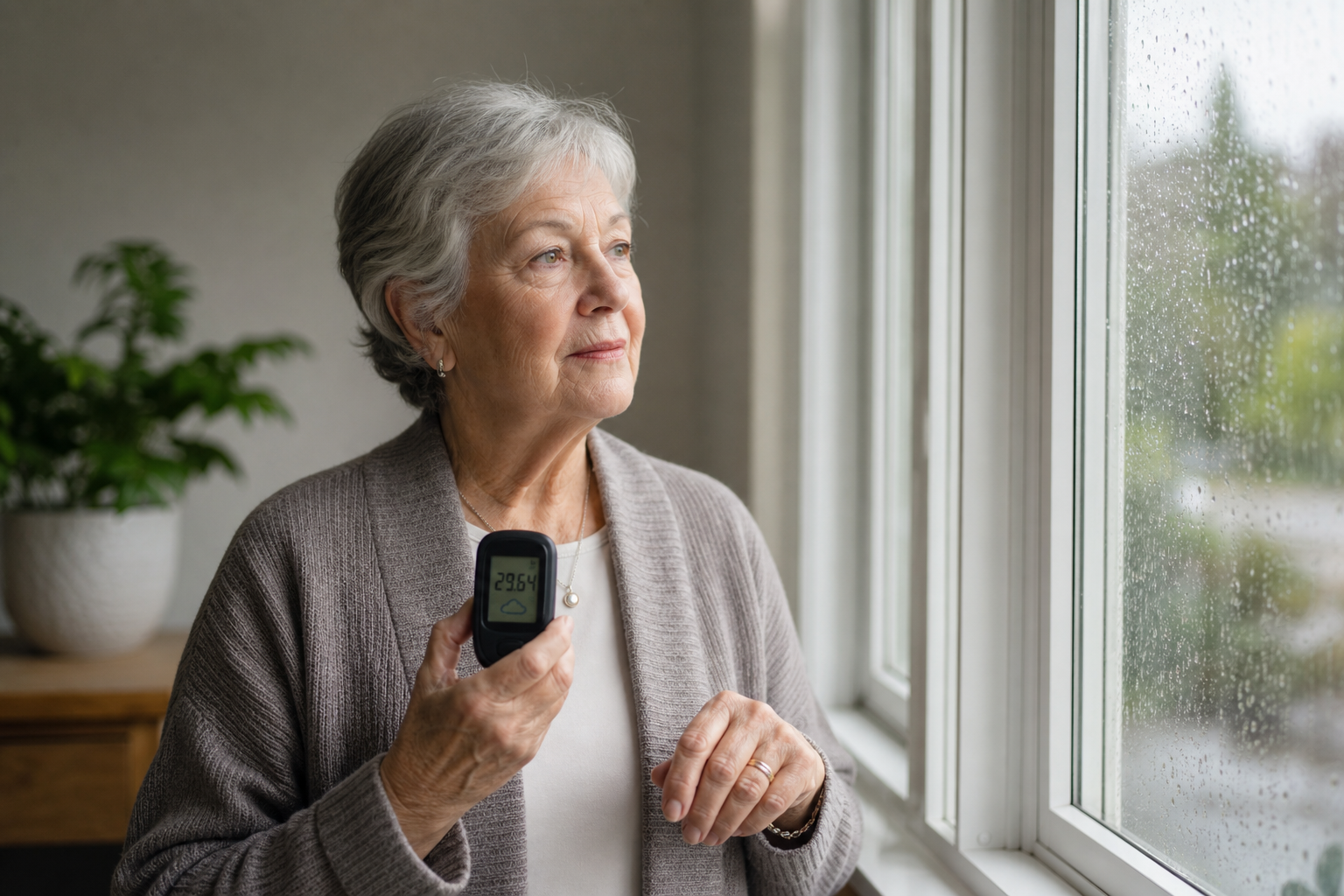 Barometer and arthritic hand by rainy window highlight weather's impact on joint pain.