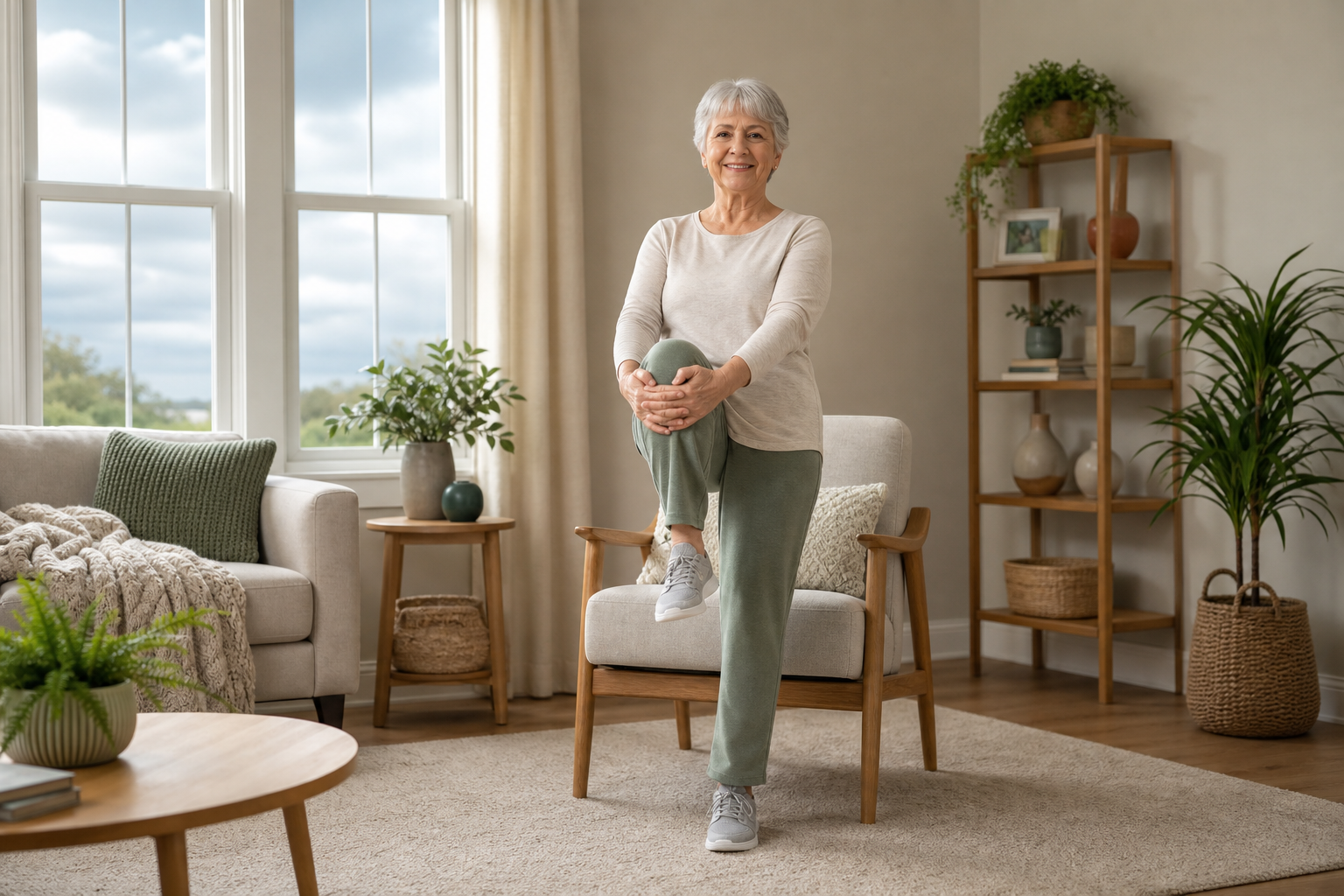 Older adult stretches knee indoors on a cloudy day for joint pain relief.