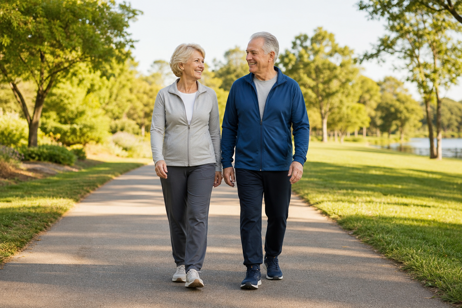 Older adults walking in park enjoying pain-free joint movement