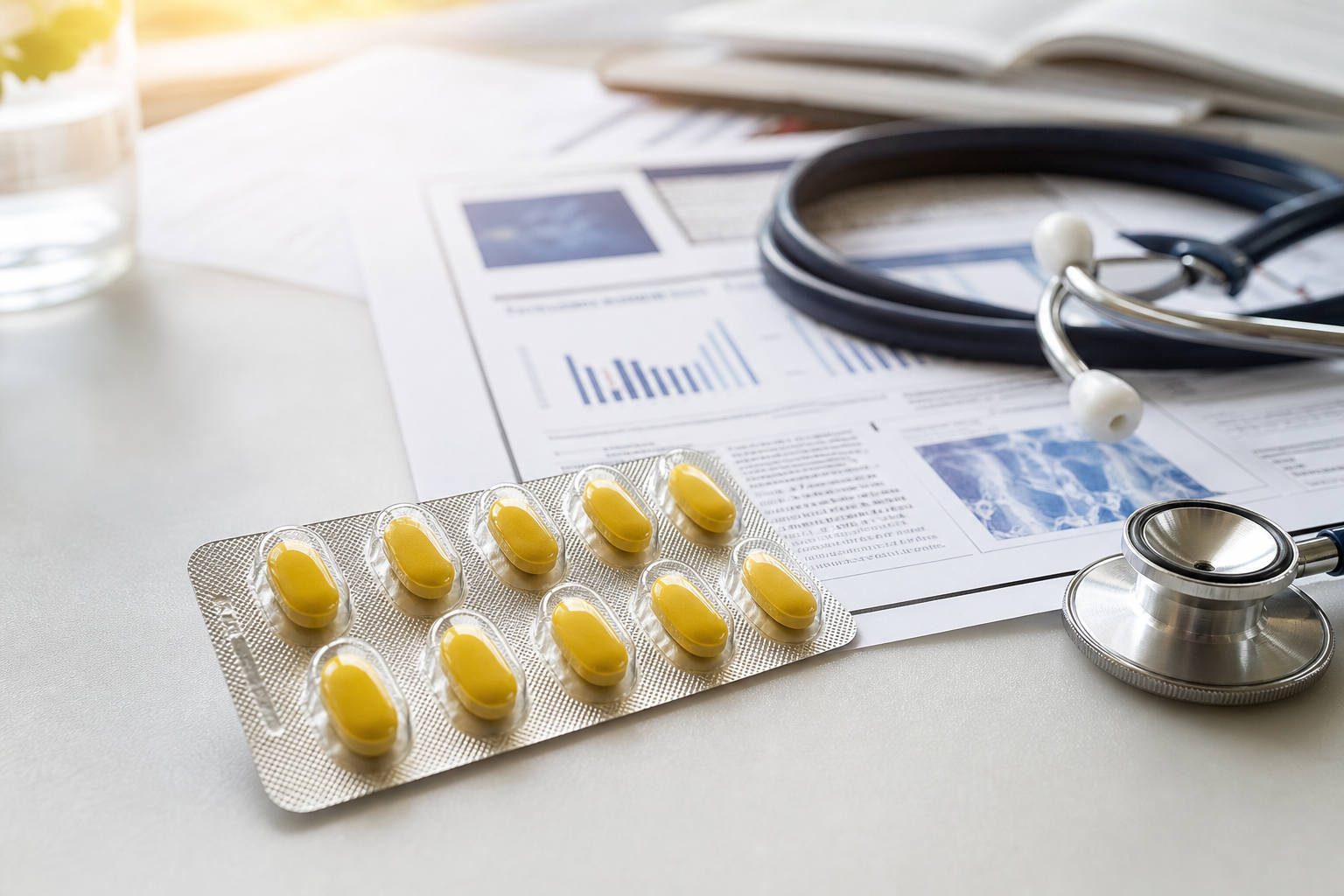 SAMe supplement blister pack with stethoscope and arthritis research materials