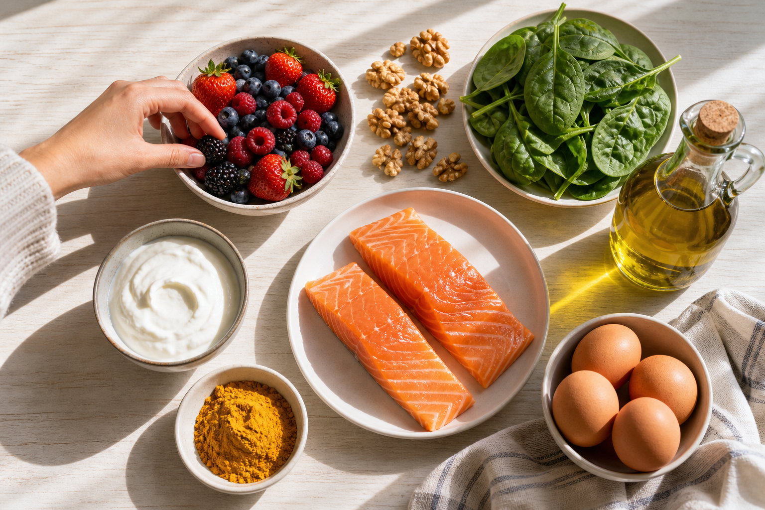 Overhead shot of joint-healthy foods like salmon, spinach, berries, walnuts, eggs, olive oil, and turmeric powder.