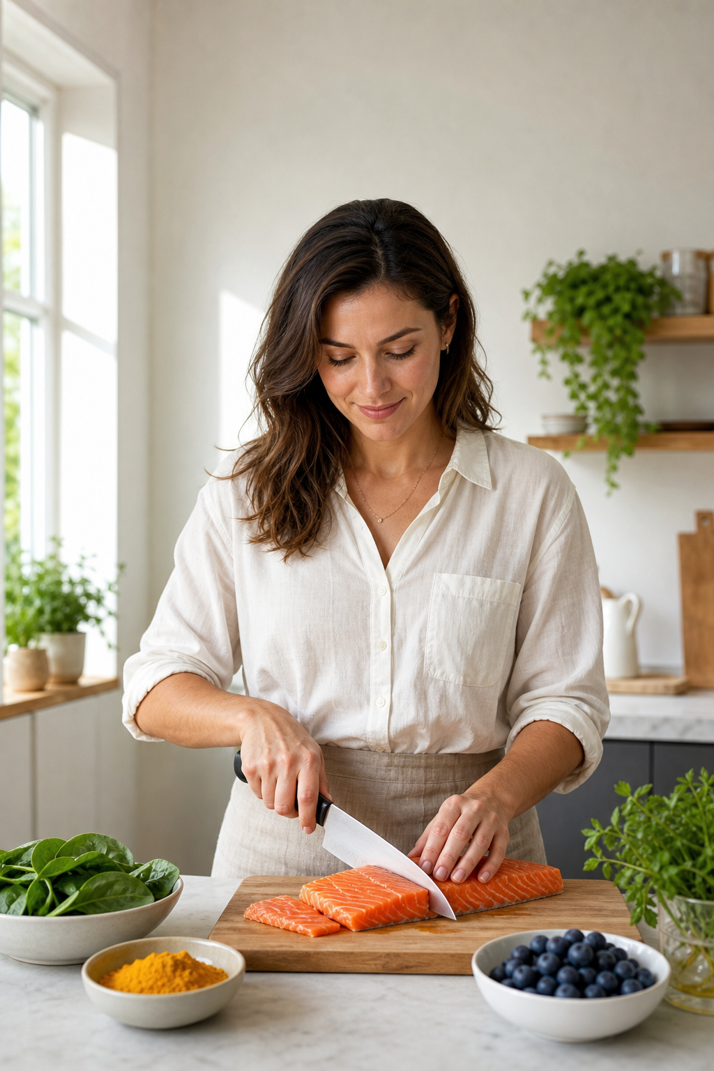 Hands prepare salmon, turmeric, spinach, and blueberries—foods for joint health and cartilage repair.