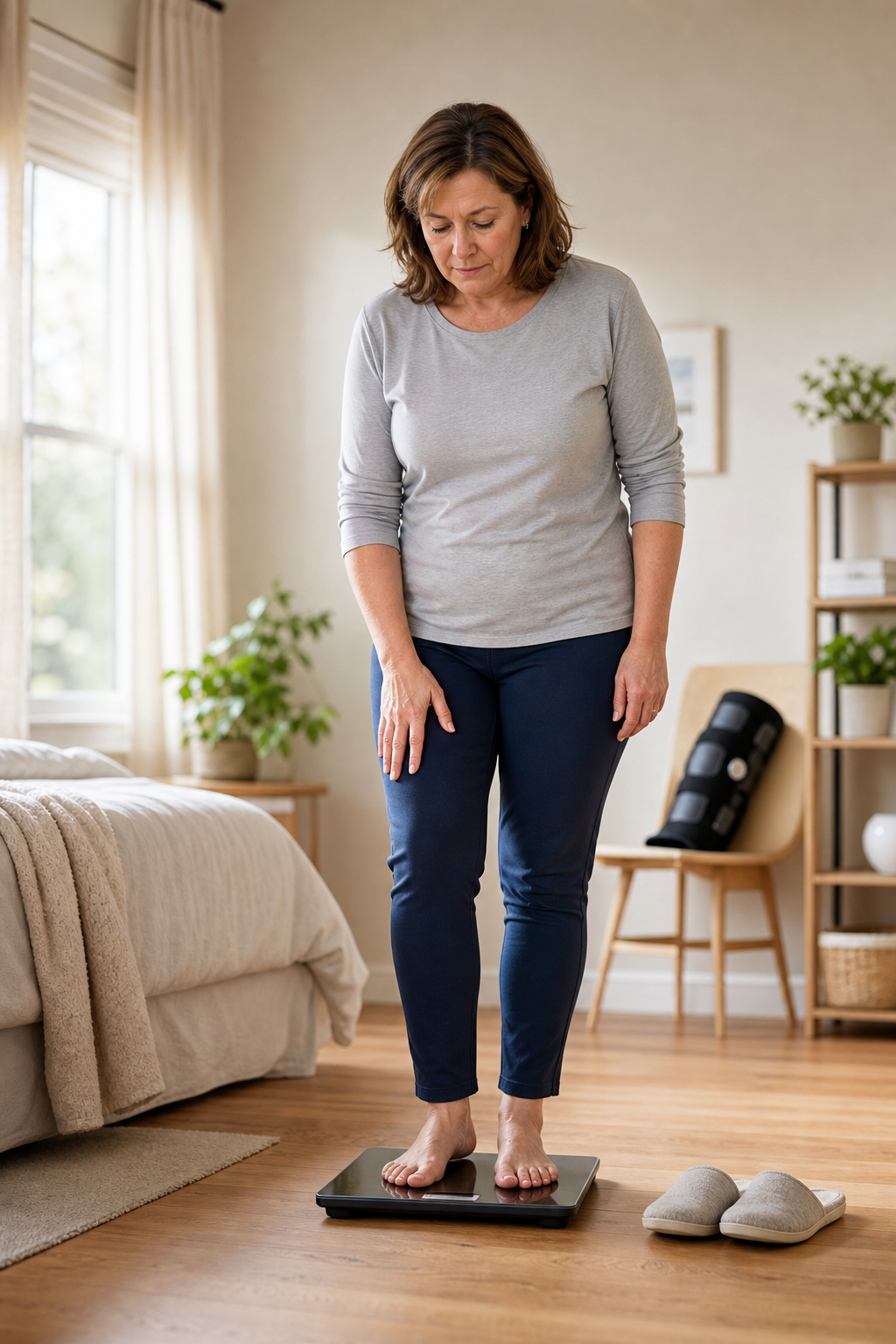 Woman checking weight on digital scale at home looking at her knees