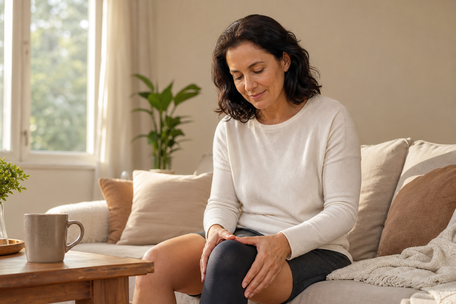Hands massaging sore knee with compression sleeve and sunlight