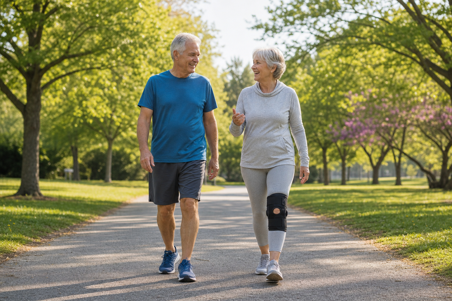 Two older adults walking outdoors wearing knee support and sneakers