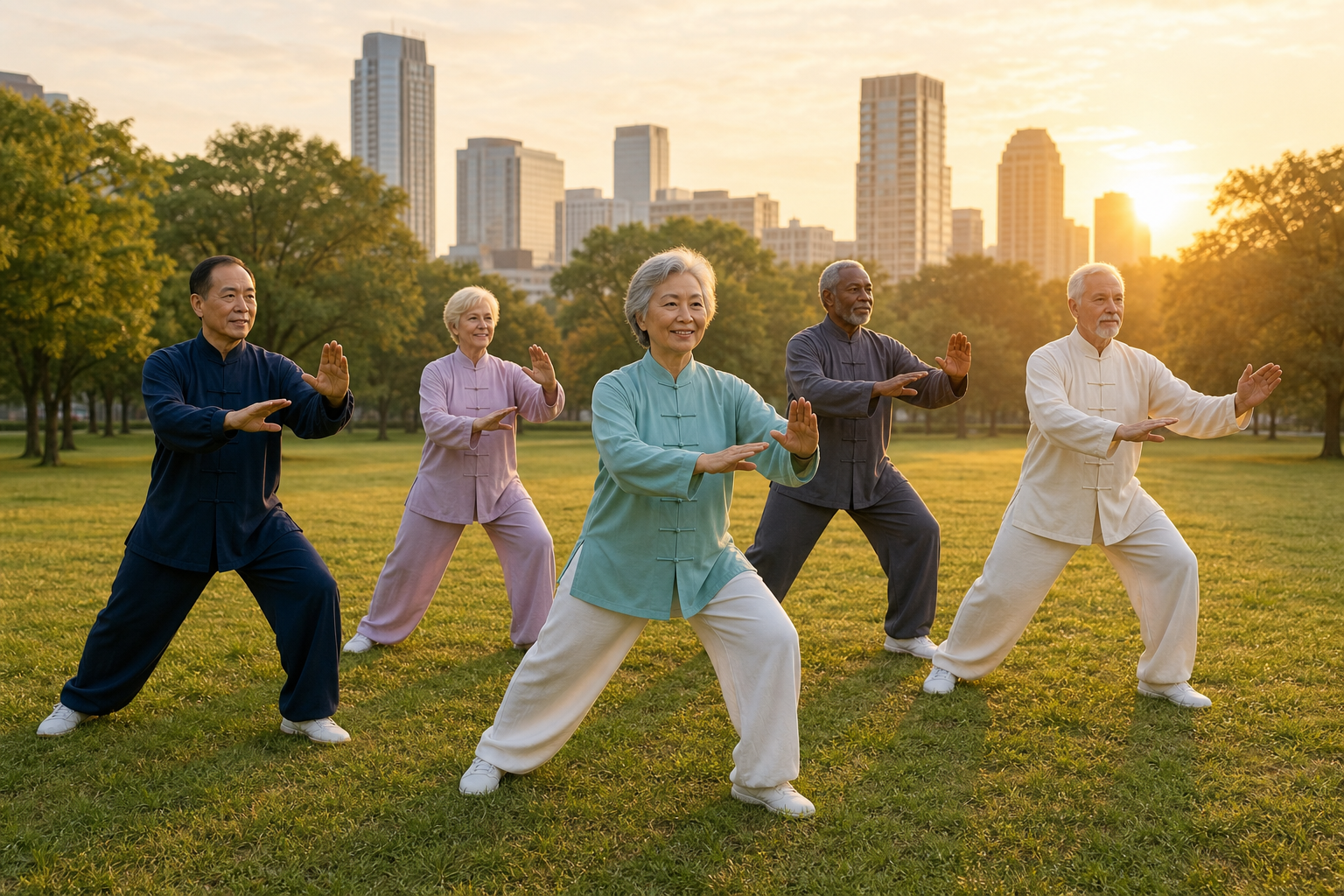 Seniors practicing tai chi in a park for arthritis and balance