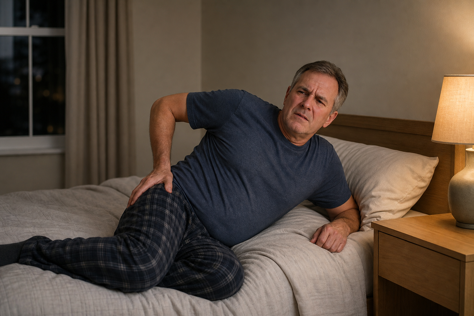 Man lying in bed clutching his hip in pain at night