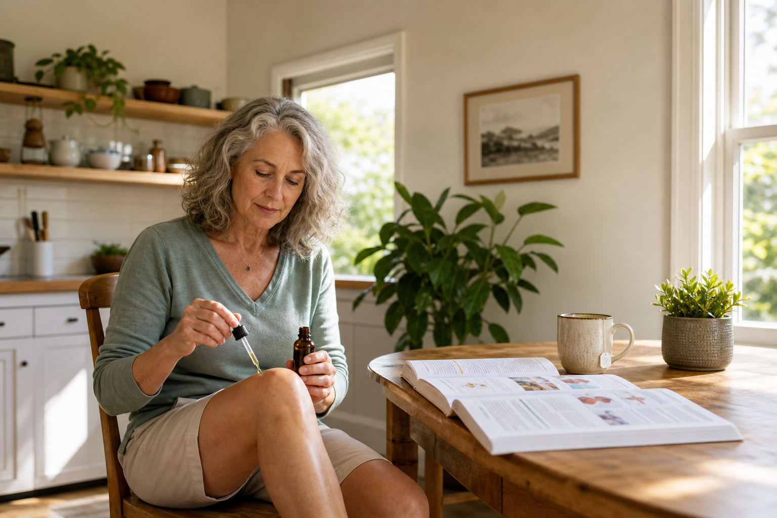 Mature woman applying CBD oil to knee while reading medical journal at kitchen table