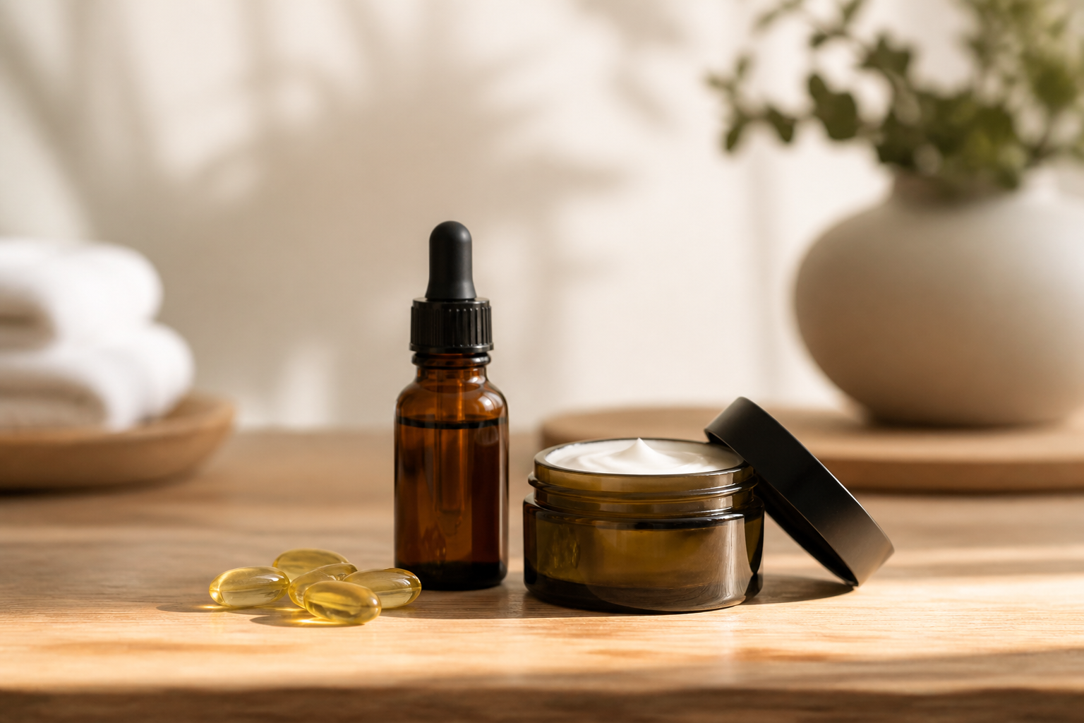 CBD oil tincture, topical cream, and capsules on wooden counter in morning light