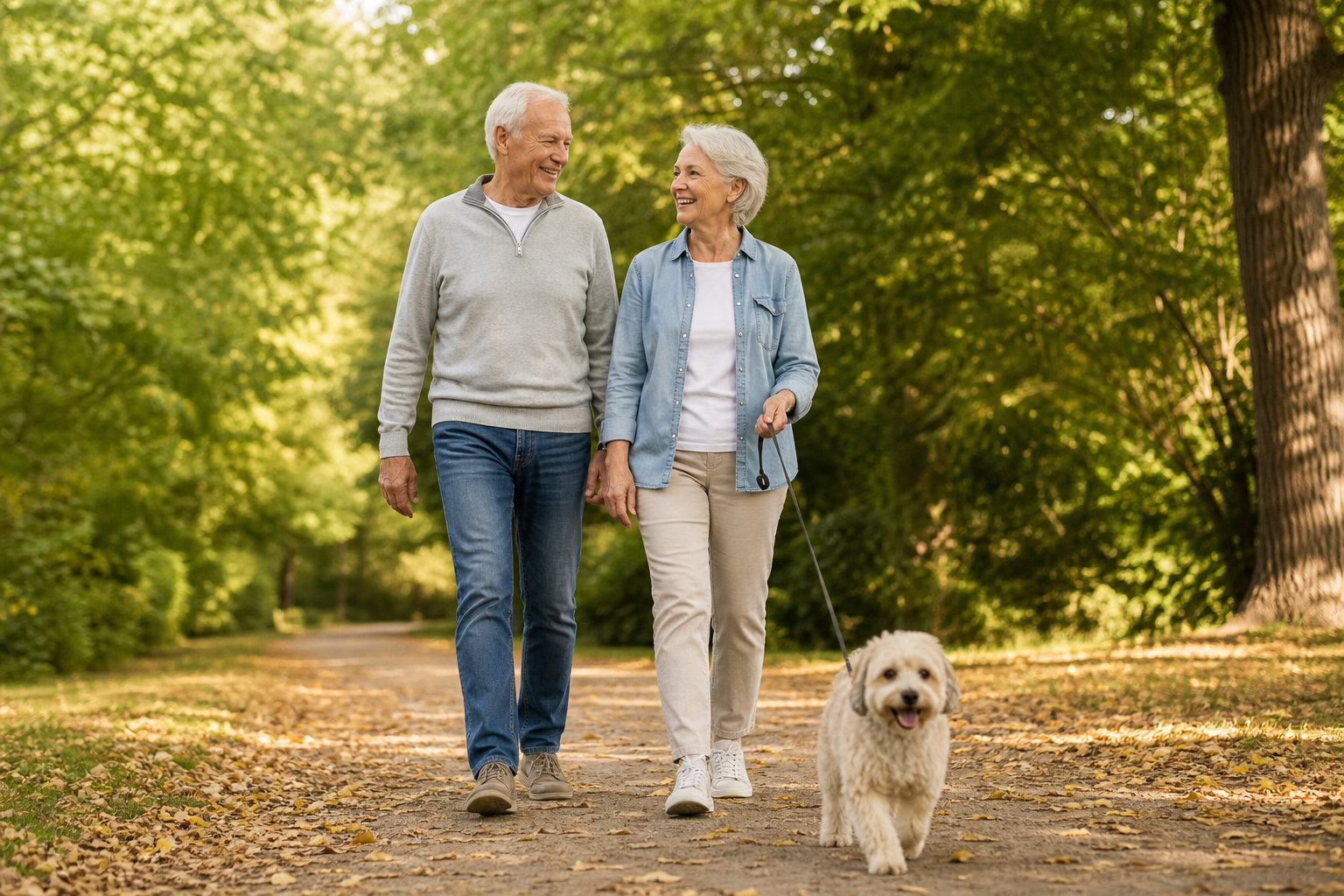 Senior couple walking dog on park path, moving freely and smiling