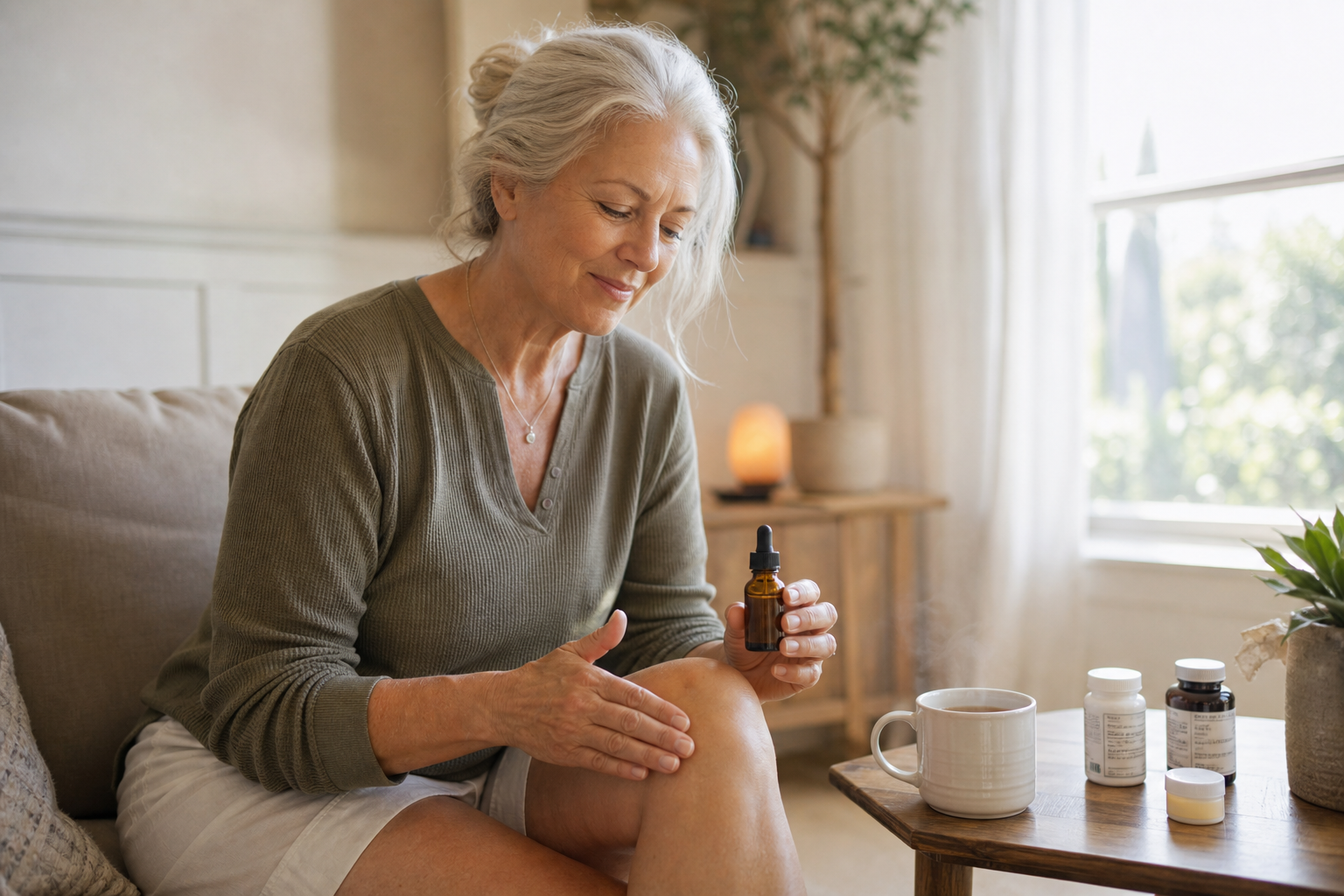 Woman applying CBD oil to knee at home with sunlight and tea