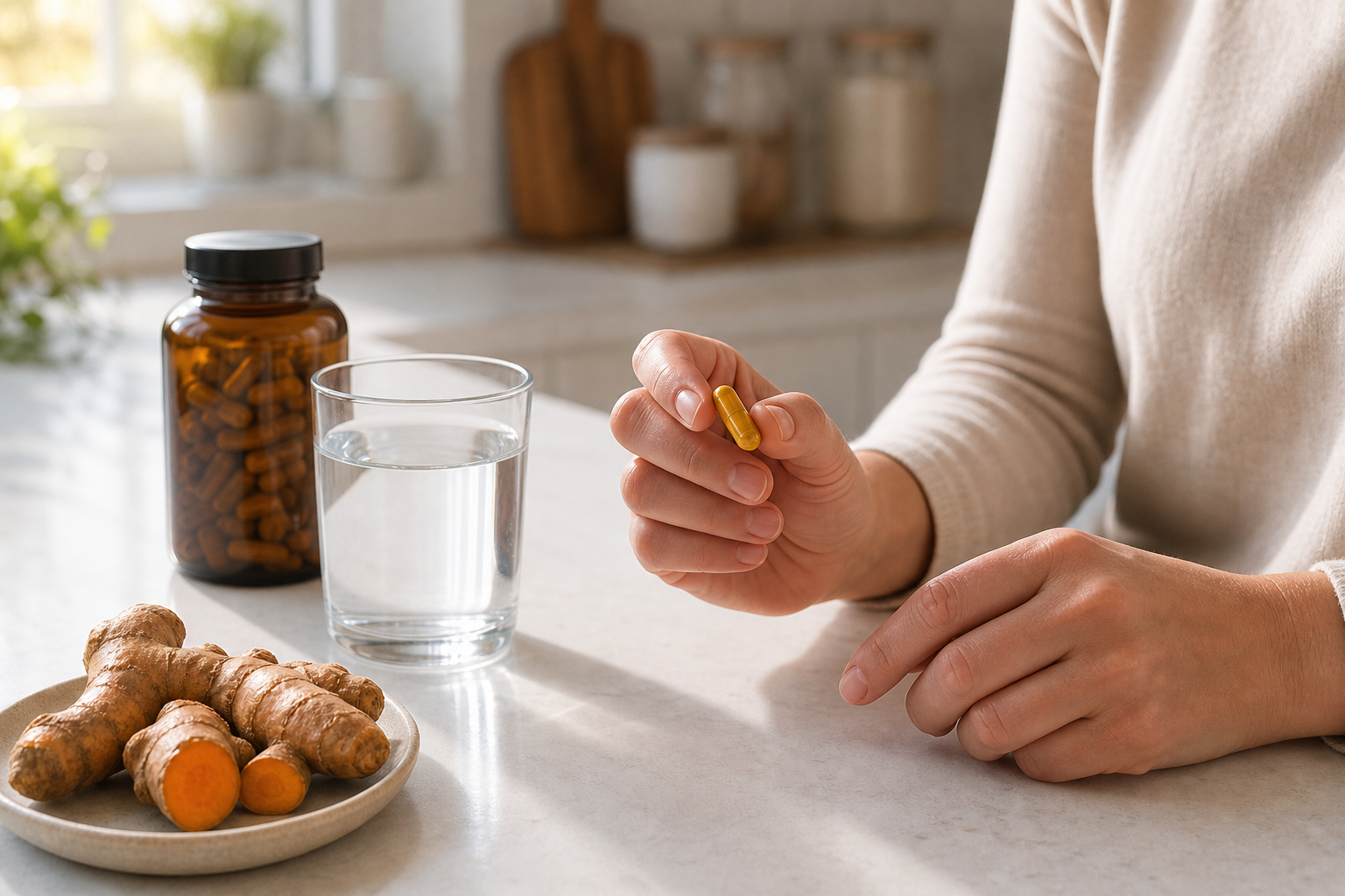 Hands holding turmeric capsule with water, turmeric root, and supplement bottle