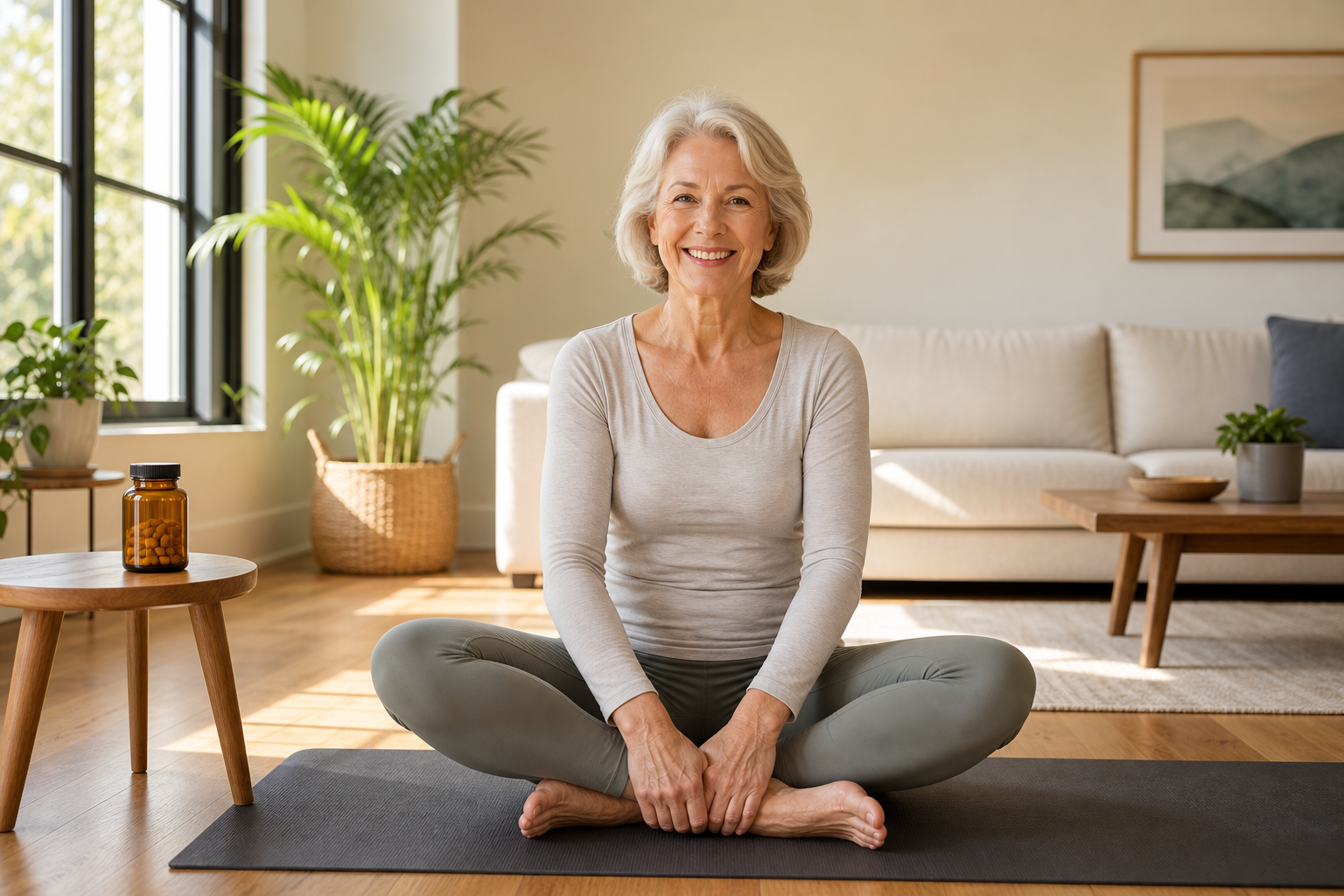 Senior woman doing yoga with turmeric supplement in living room