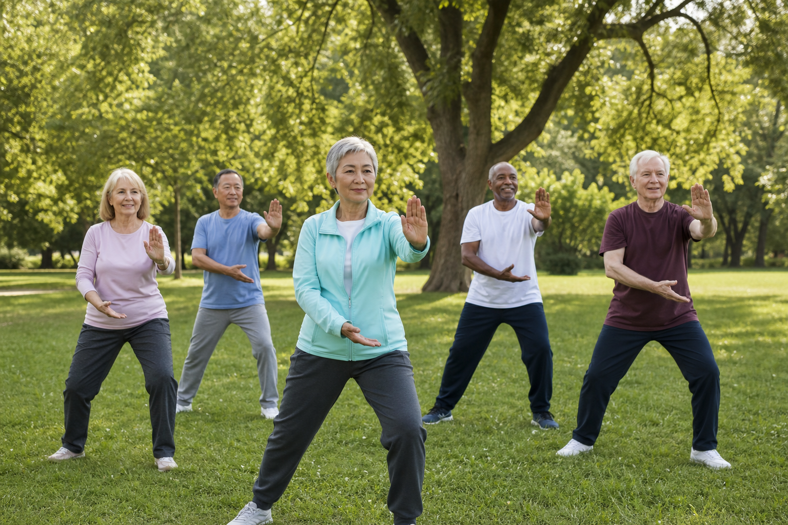 Older adults enjoying tai chi outdoors for joint pain relief and balance