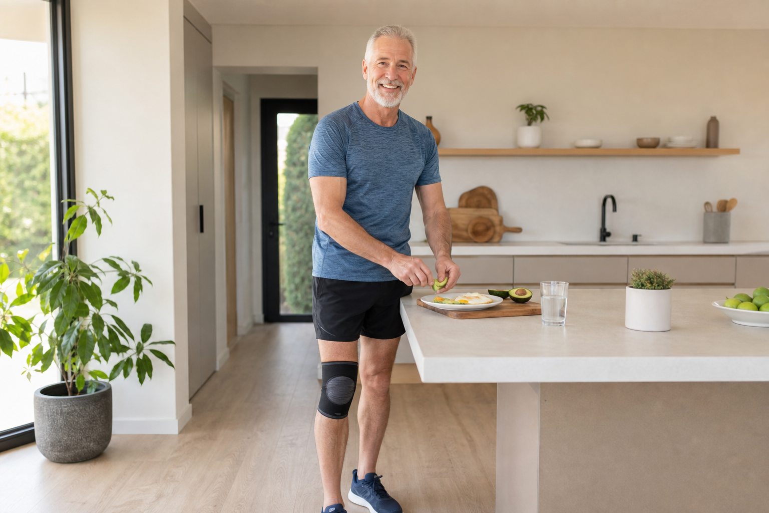 Older adult with knee sleeve prepares healthy breakfast and water in bright kitchen.