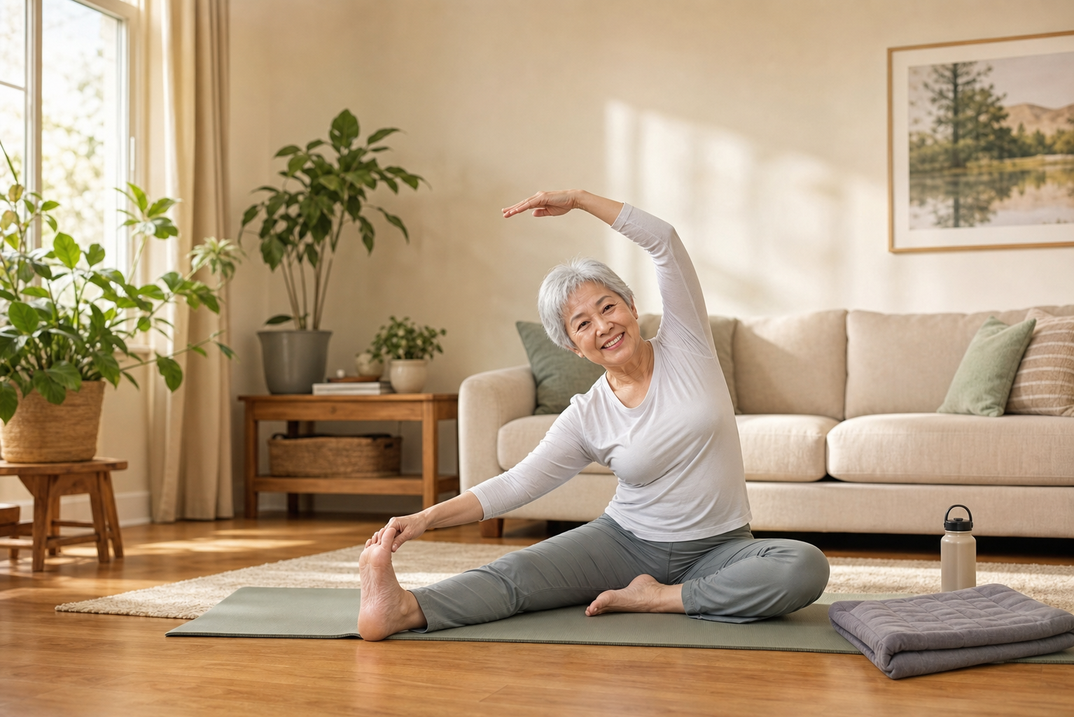 Older adult doing gentle morning stretches on yoga mat with heating pad and water bottle.