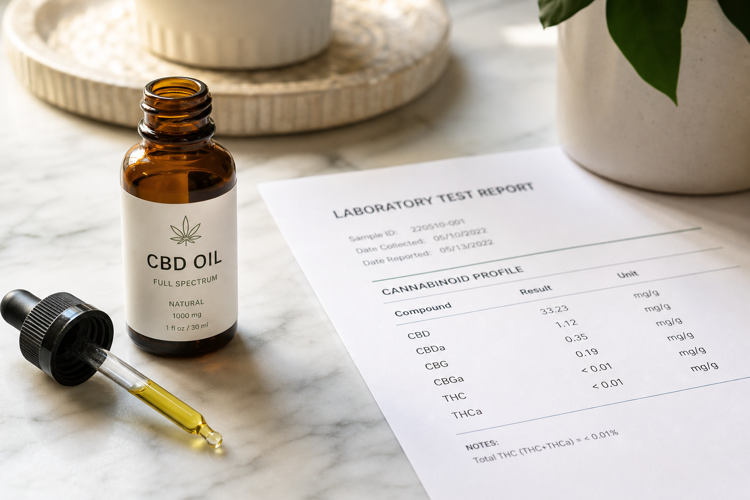 CBD oil bottle and lab report close-up