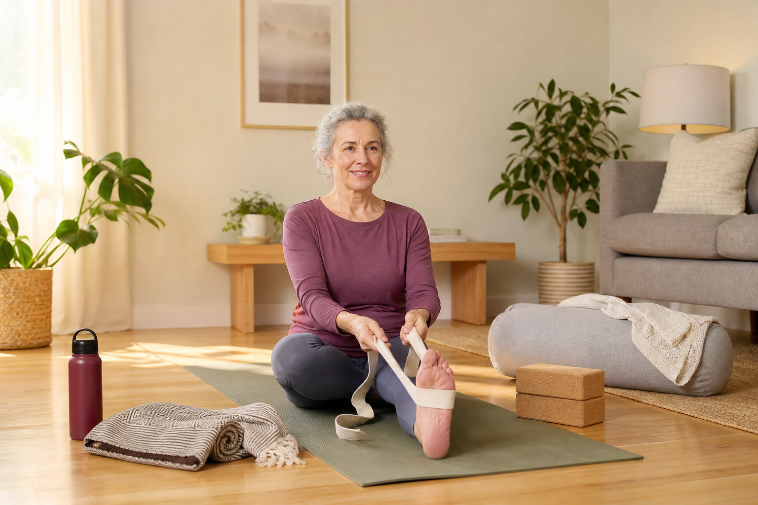 Older adult using a yoga strap to stretch hamstrings for joint mobility