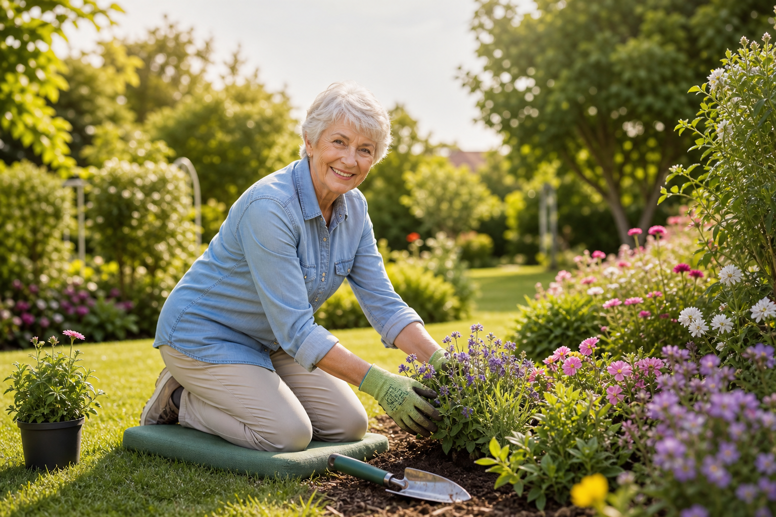 Senior woman kneeling on garden pad tending flowers in sunlight.