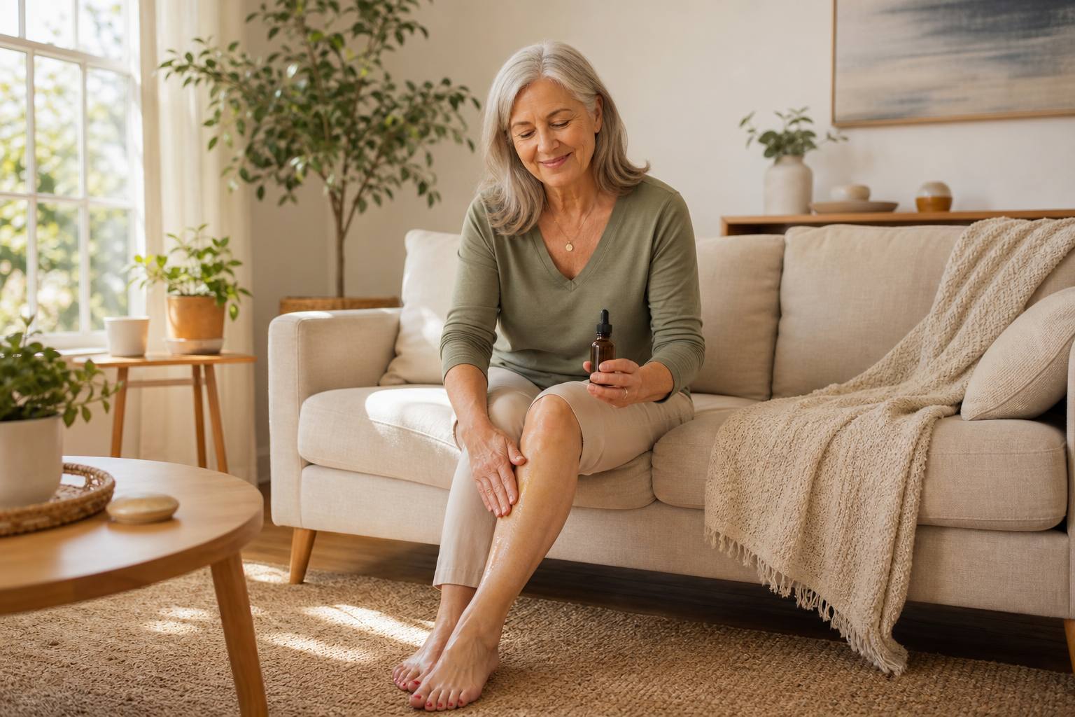 Older woman applying CBD oil to her knees on a sofa in natural light