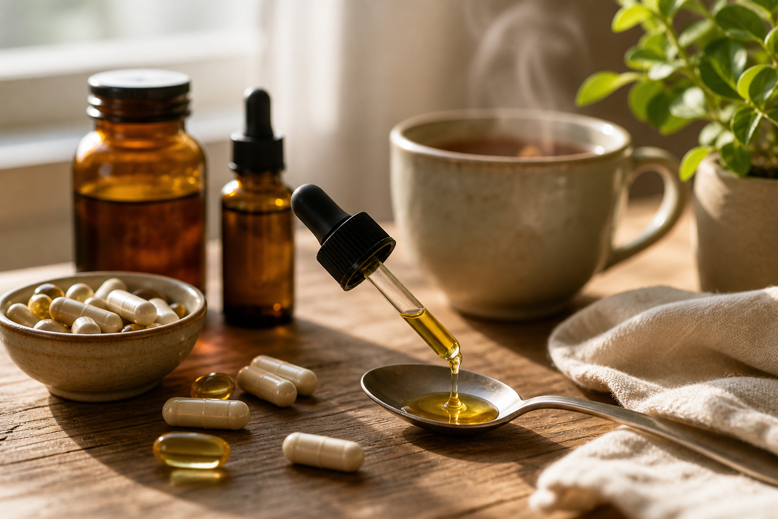 CBD oil dropper over a spoon next to supplements and tea