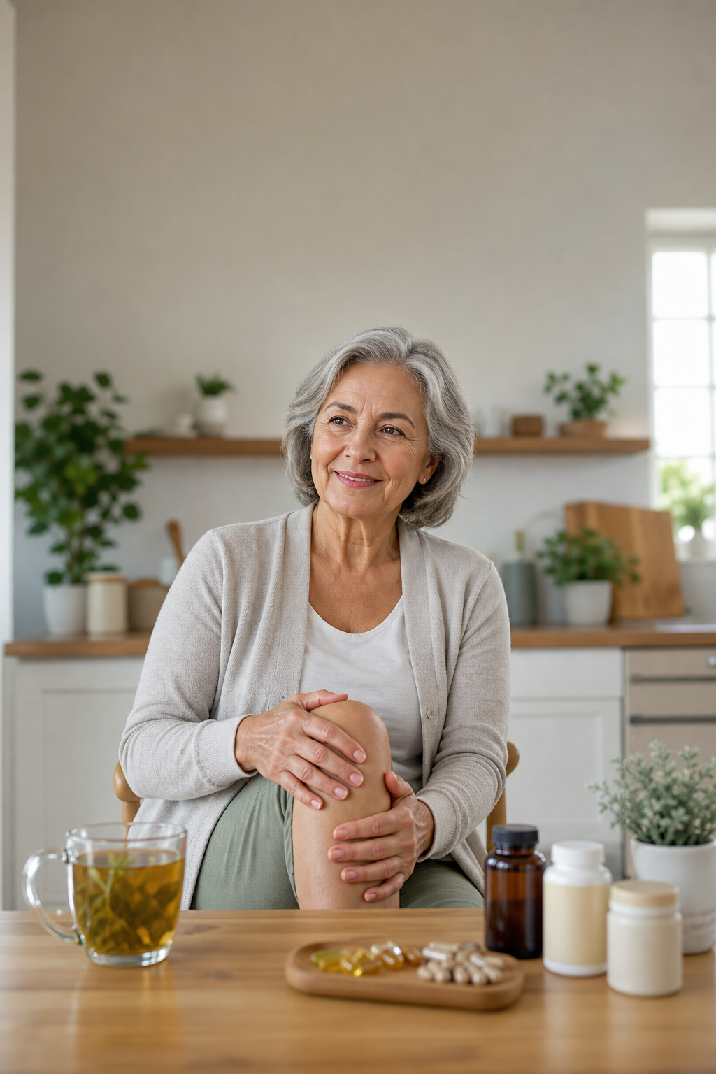 Older adult massaging knee with herbal tea and supplements on kitchen table.