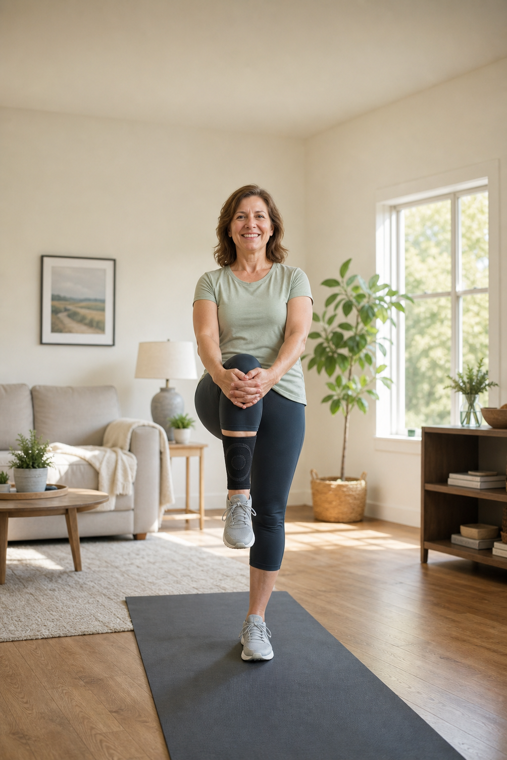 Woman doing gentle knee exercises with compression sleeve in sunlit living room.