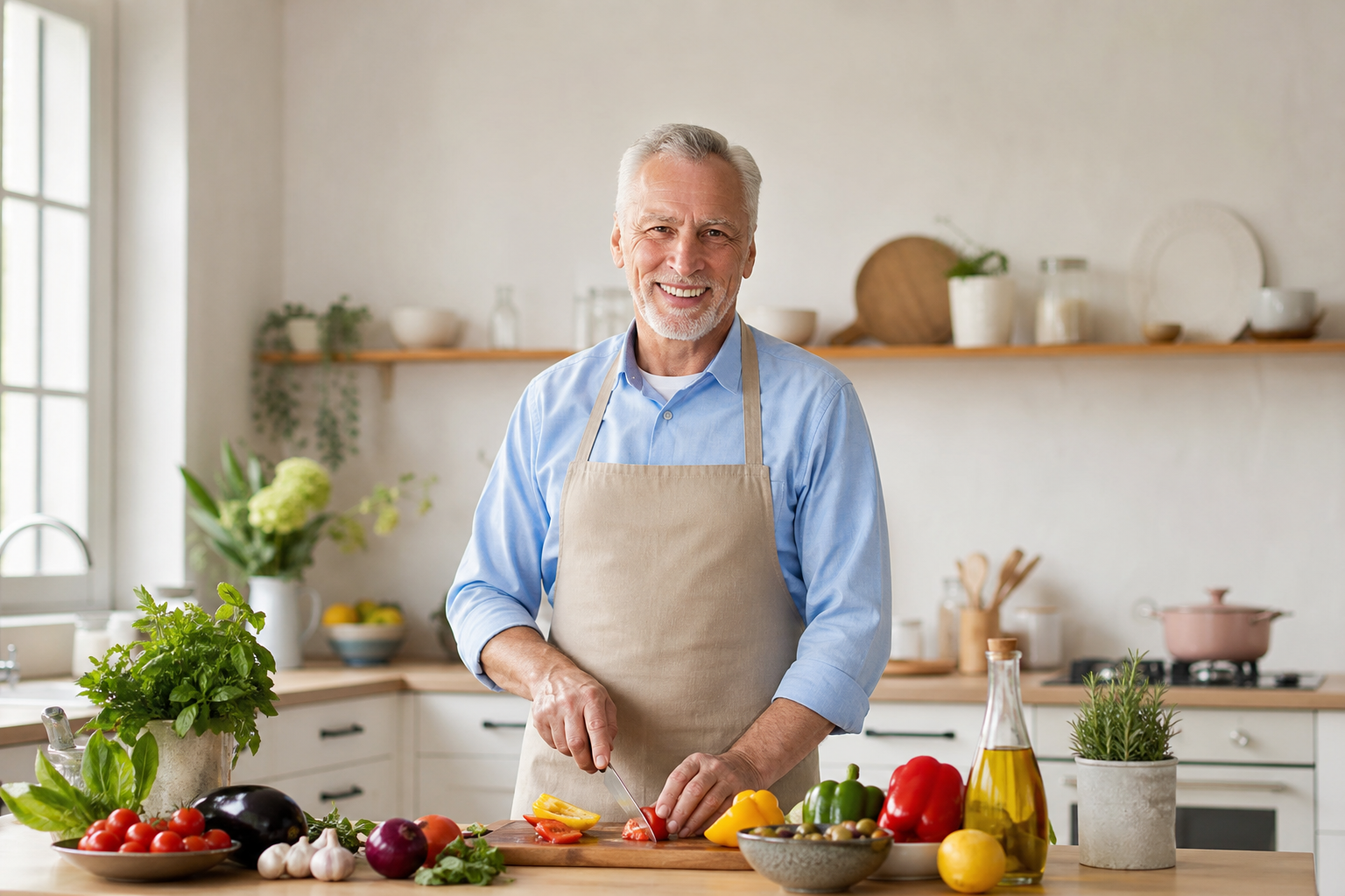 Senior man preparing Mediterranean meal with fresh veggies and olive oil in kitchen.