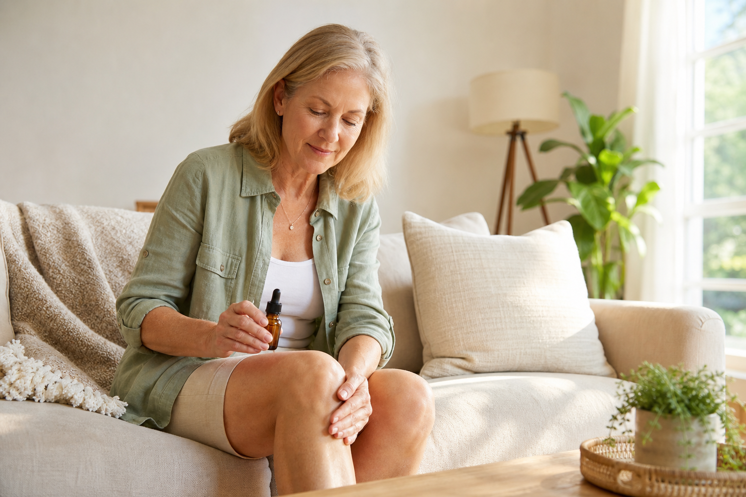 Woman applying CBD oil to her knee for joint pain relief on a sunny couch