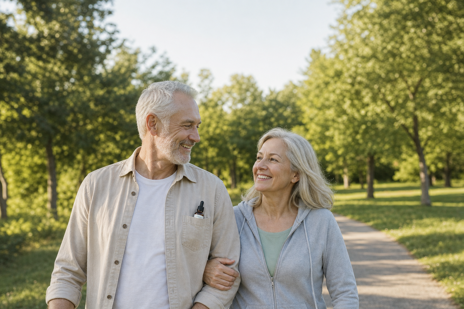 Senior couple walking in a park, carrying CBD oil for joint pain relief