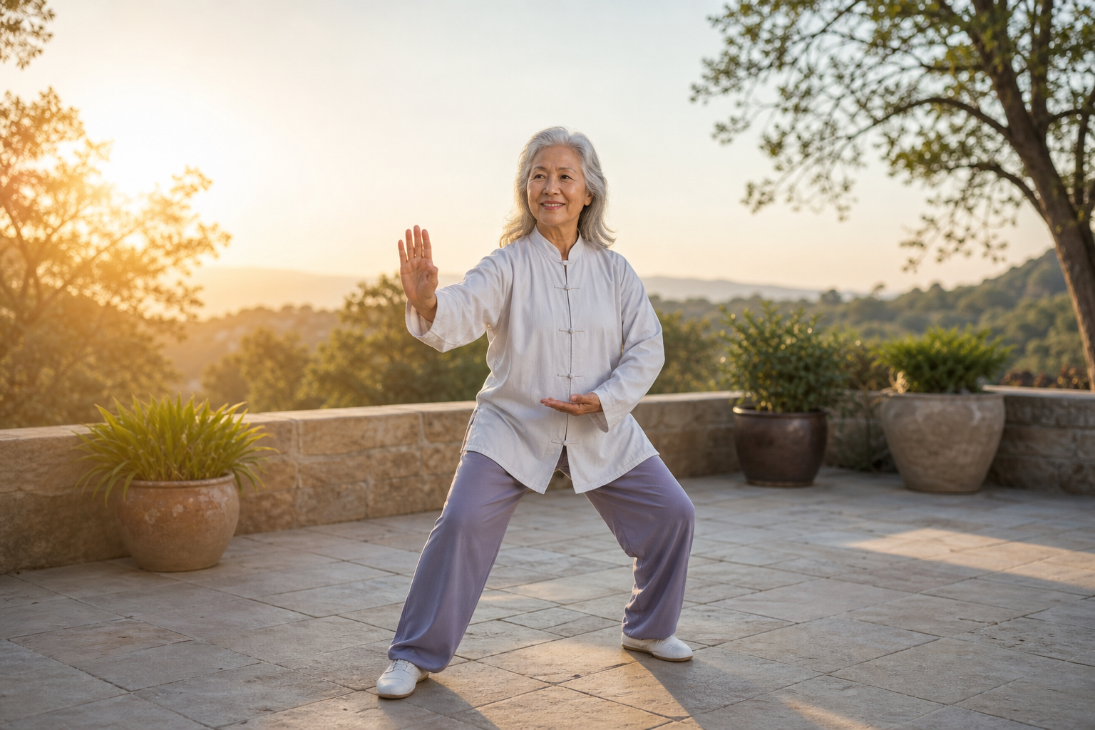 Older woman practicing tai chi, smiling and balanced at sunrise