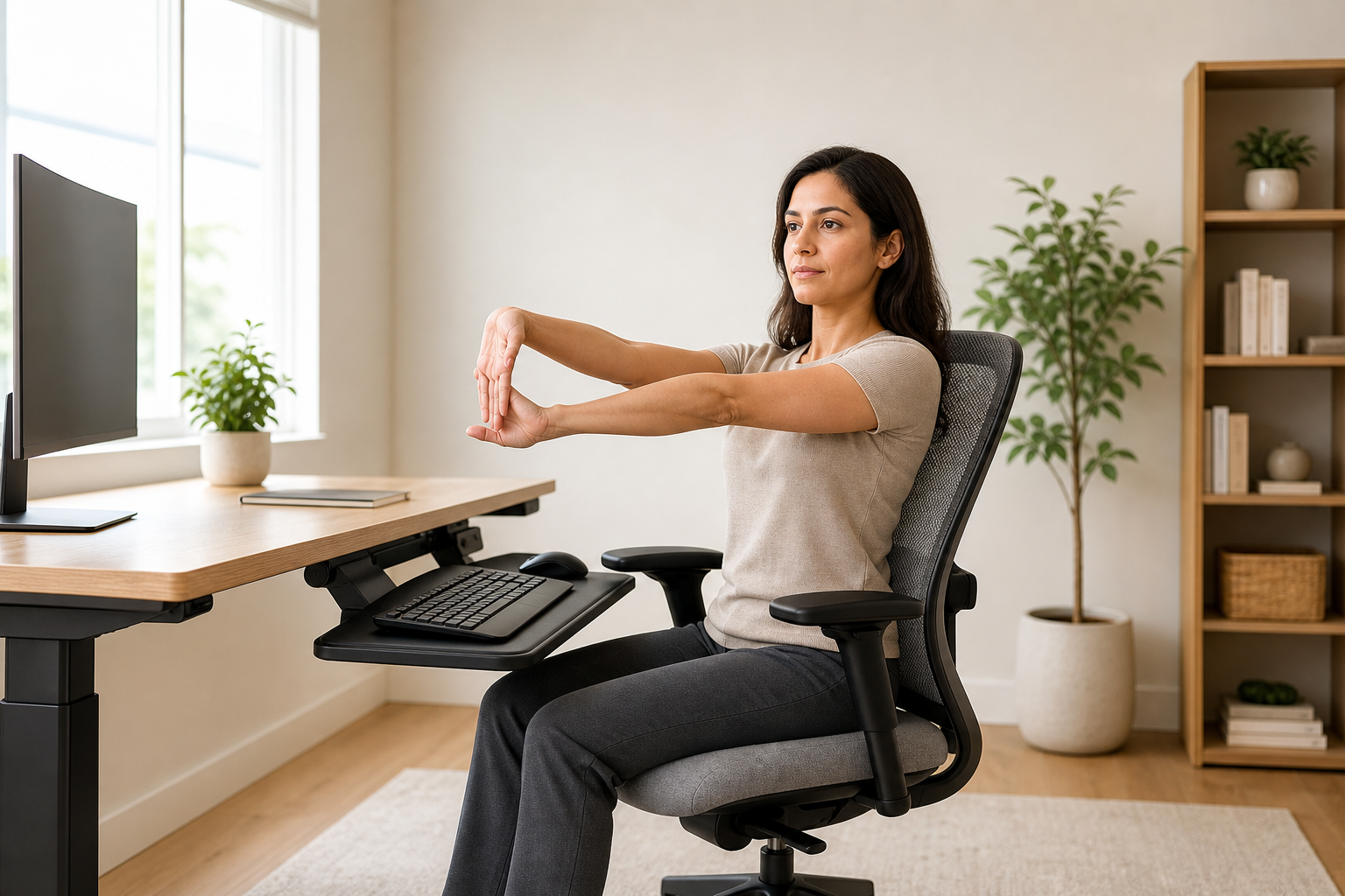 Ergonomic workstation with adjustable desk and wrist stretch