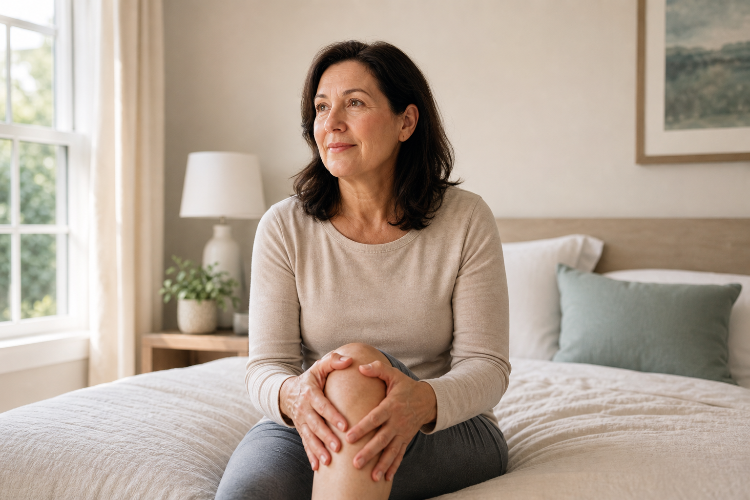 Woman massaging her knee, early morning, possible early knee osteoarthritis
