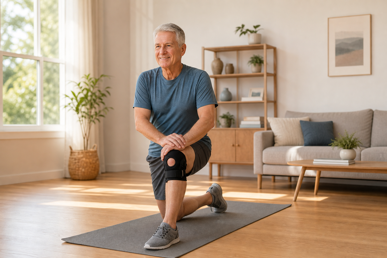 Man stretching on yoga mat, wearing knee brace for early osteoarthritis