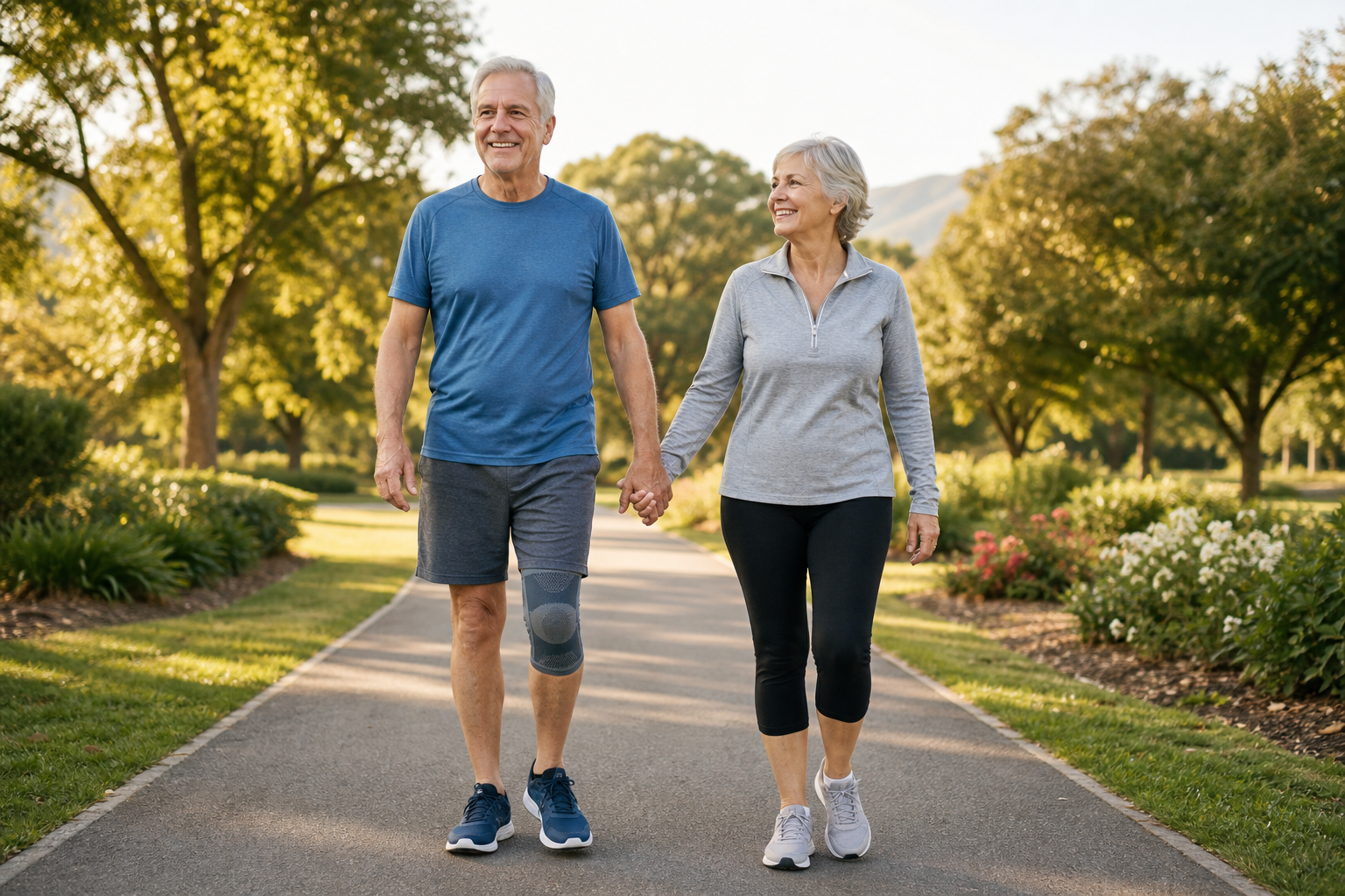Active senior couple walking, one with knee sleeve for osteoarthritis support