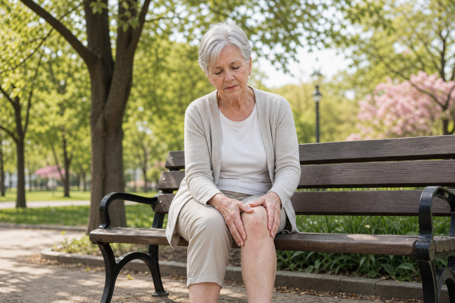 Senior woman seated on park bench, gently holding her painful knee.