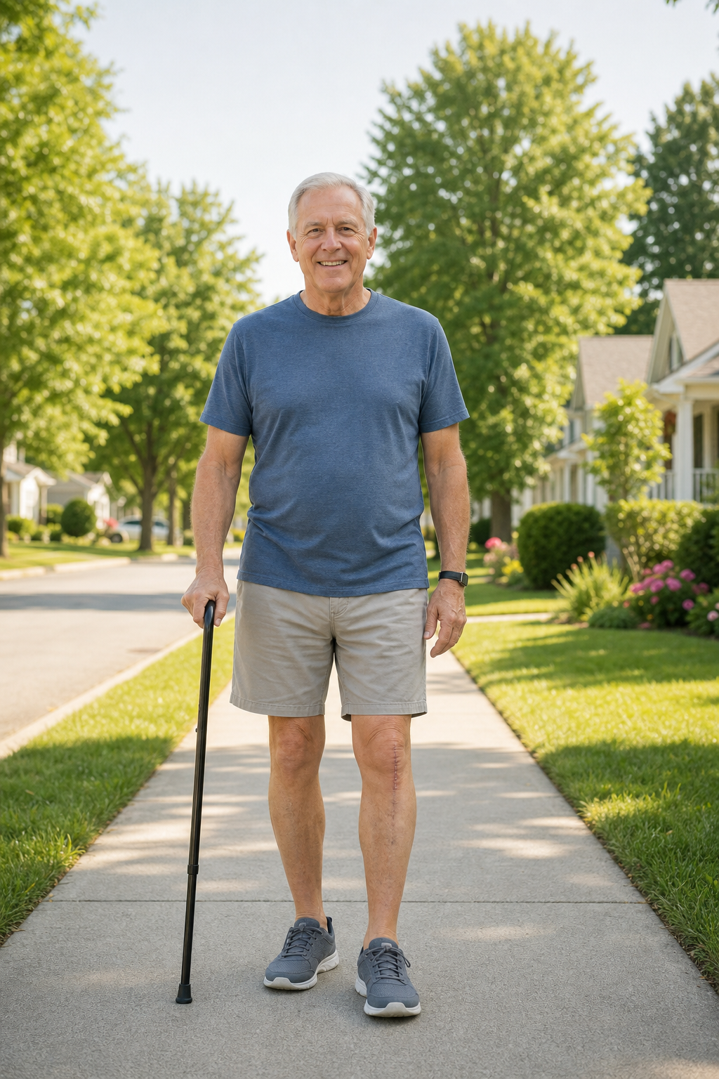 Older man smiling, walking with cane after knee replacement surgery.