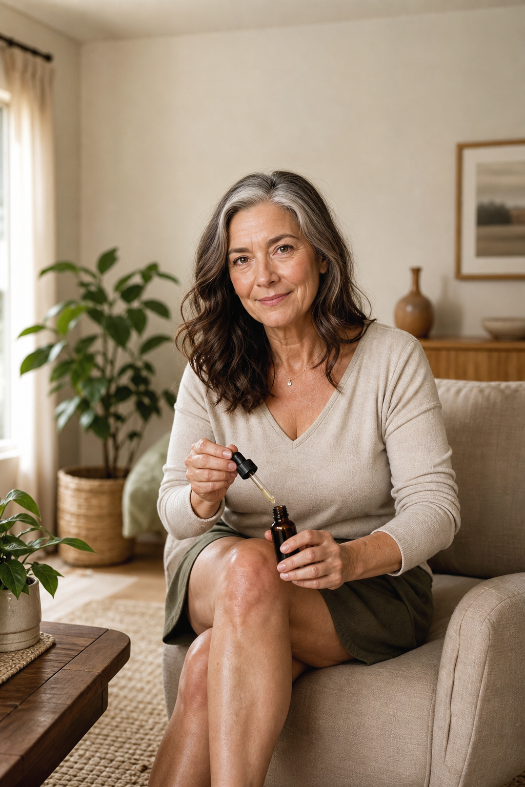Woman applying CBD oil to swollen knee for joint pain relief