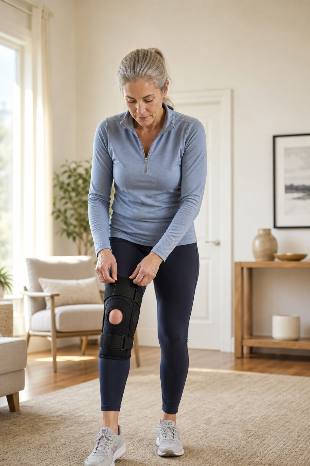 Older adult adjusting a knee brace for walking comfort