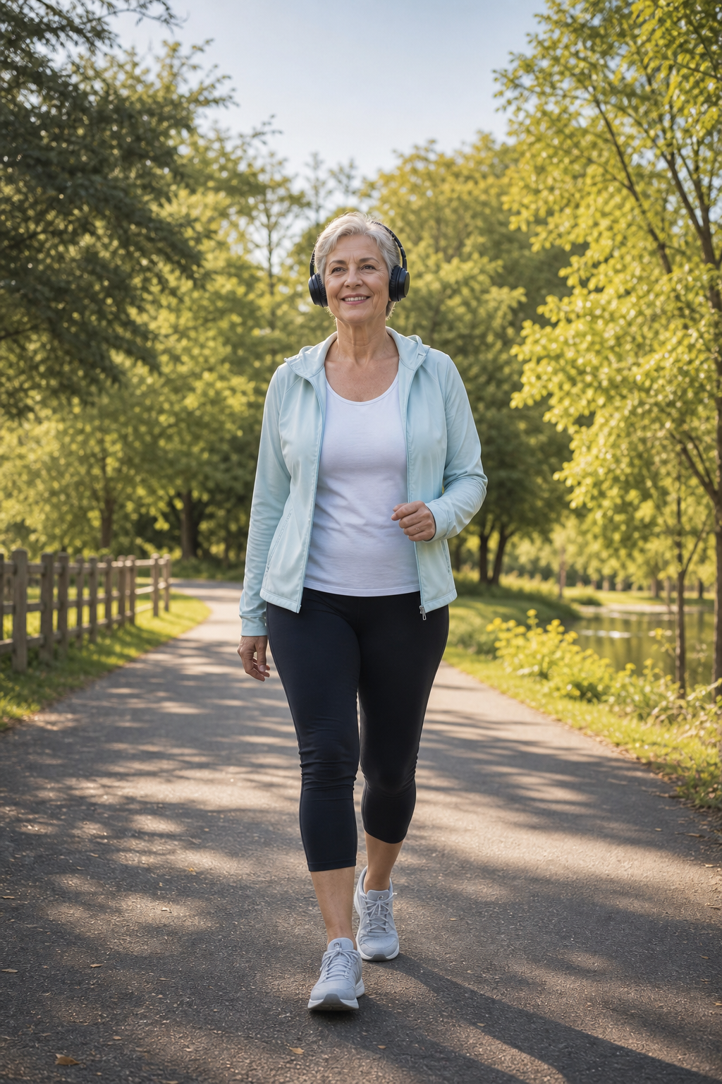 Older woman walking for joint health, wearing sneakers and headphones