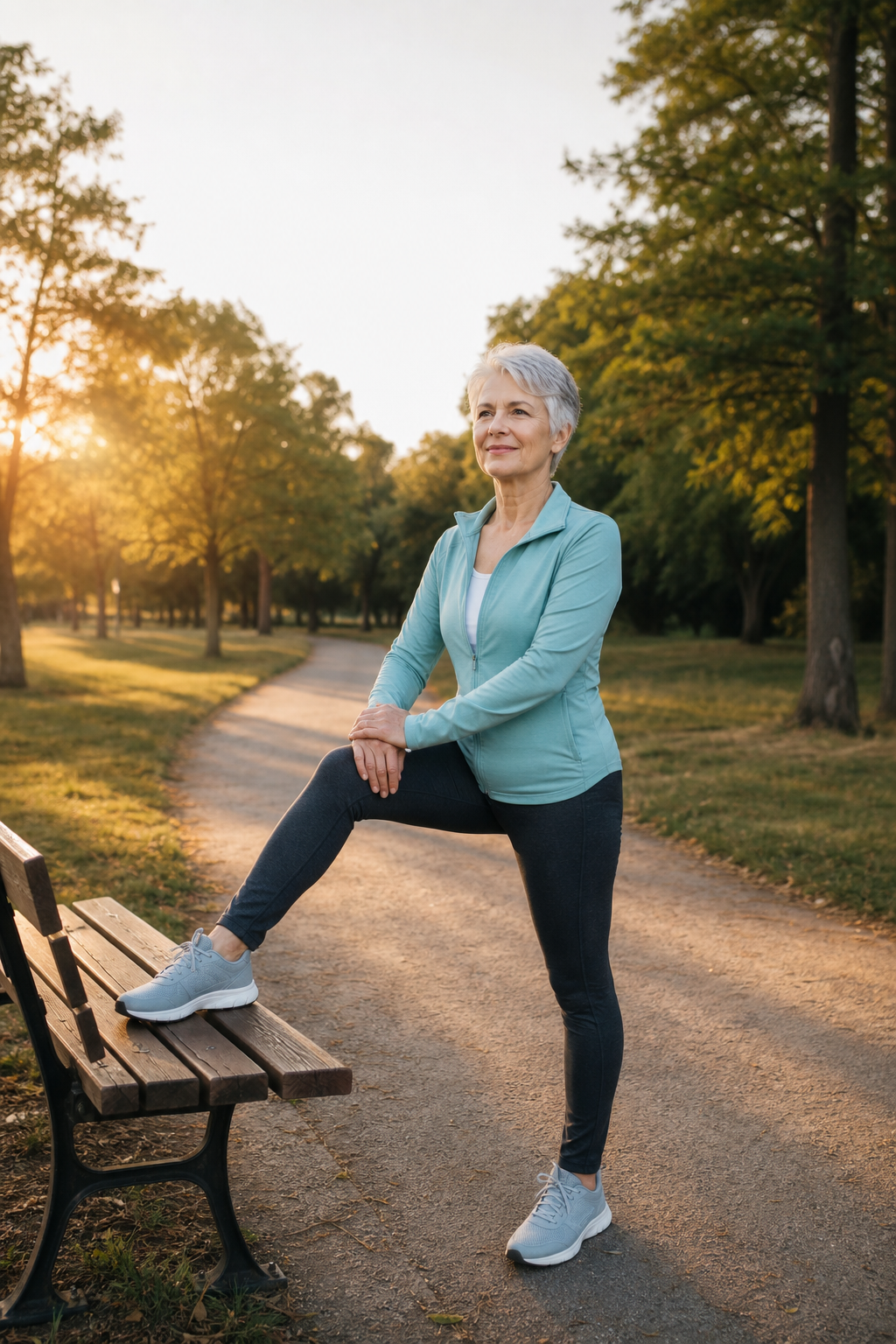 Senior woman stretching leg before walk in sunny park