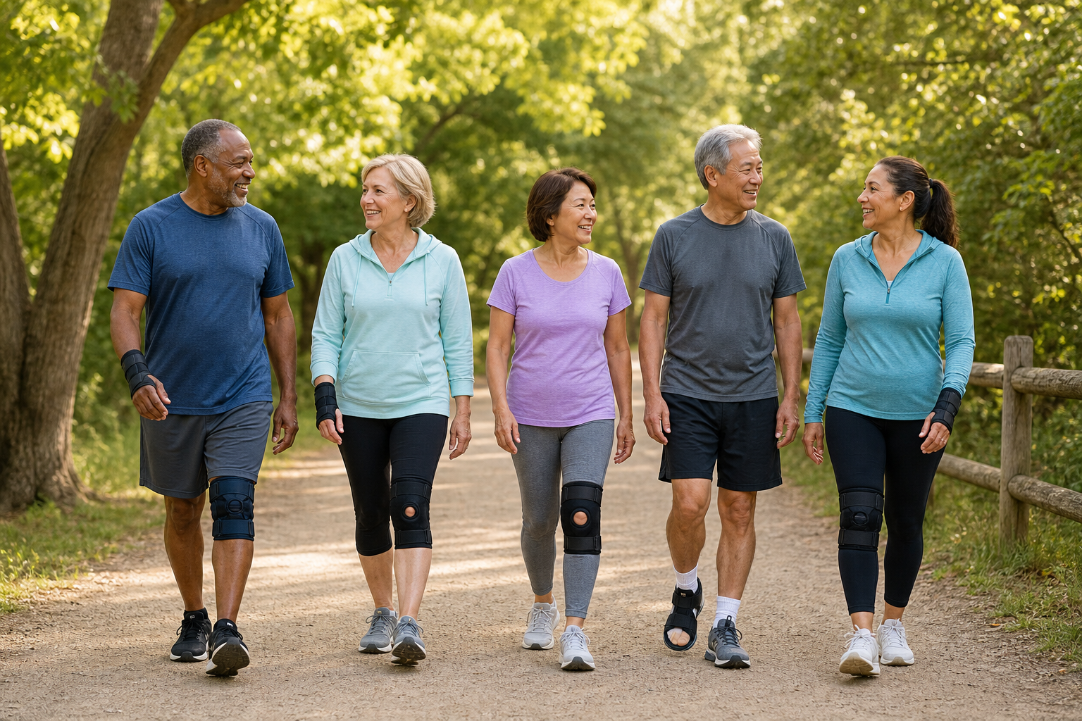 Group of older adults walking on park trail with joint support gear