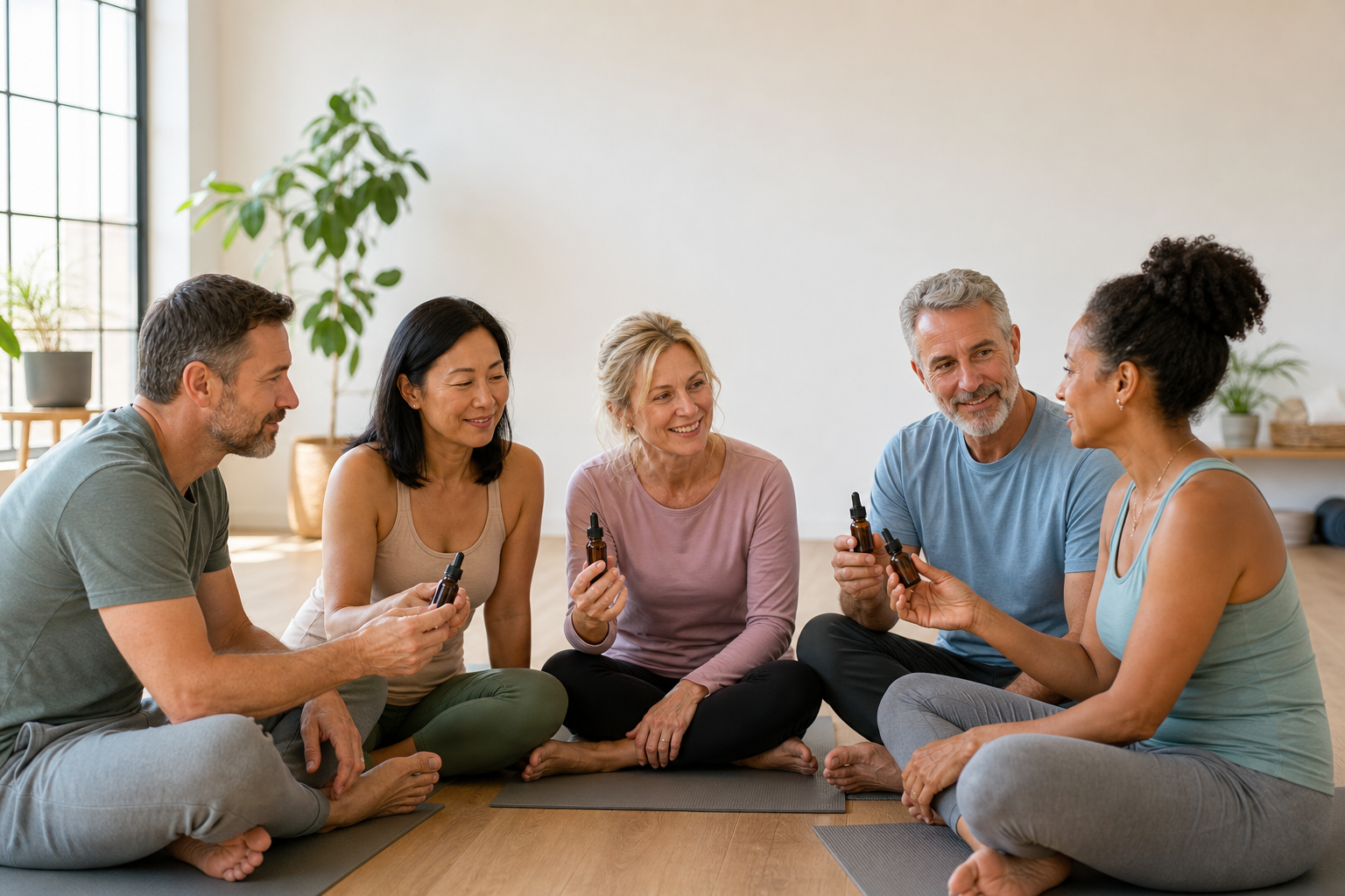 Adults discussing CBD oil for joint pain after yoga