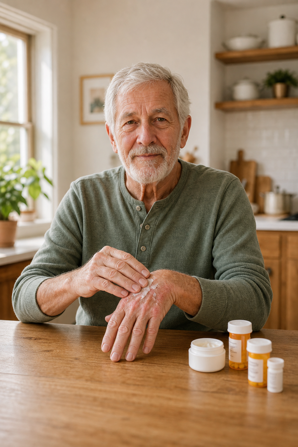 Elderly man using CBD cream on swollen hand for arthritis