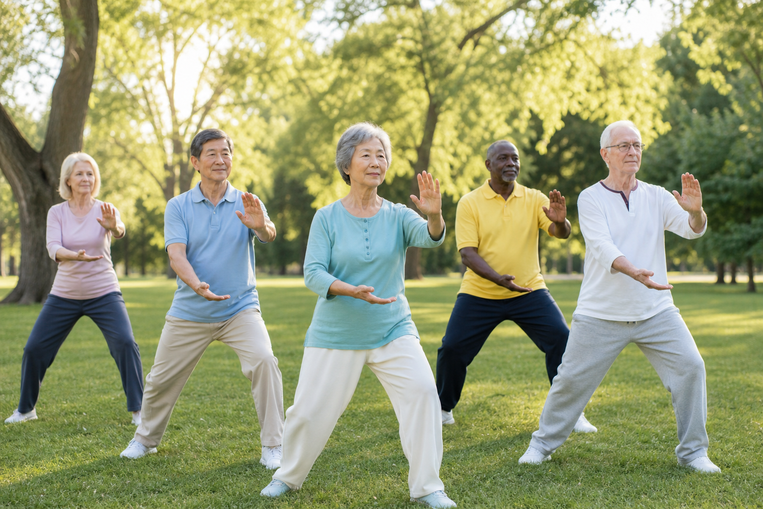 Older adults practicing tai chi outdoors for arthritis and balance