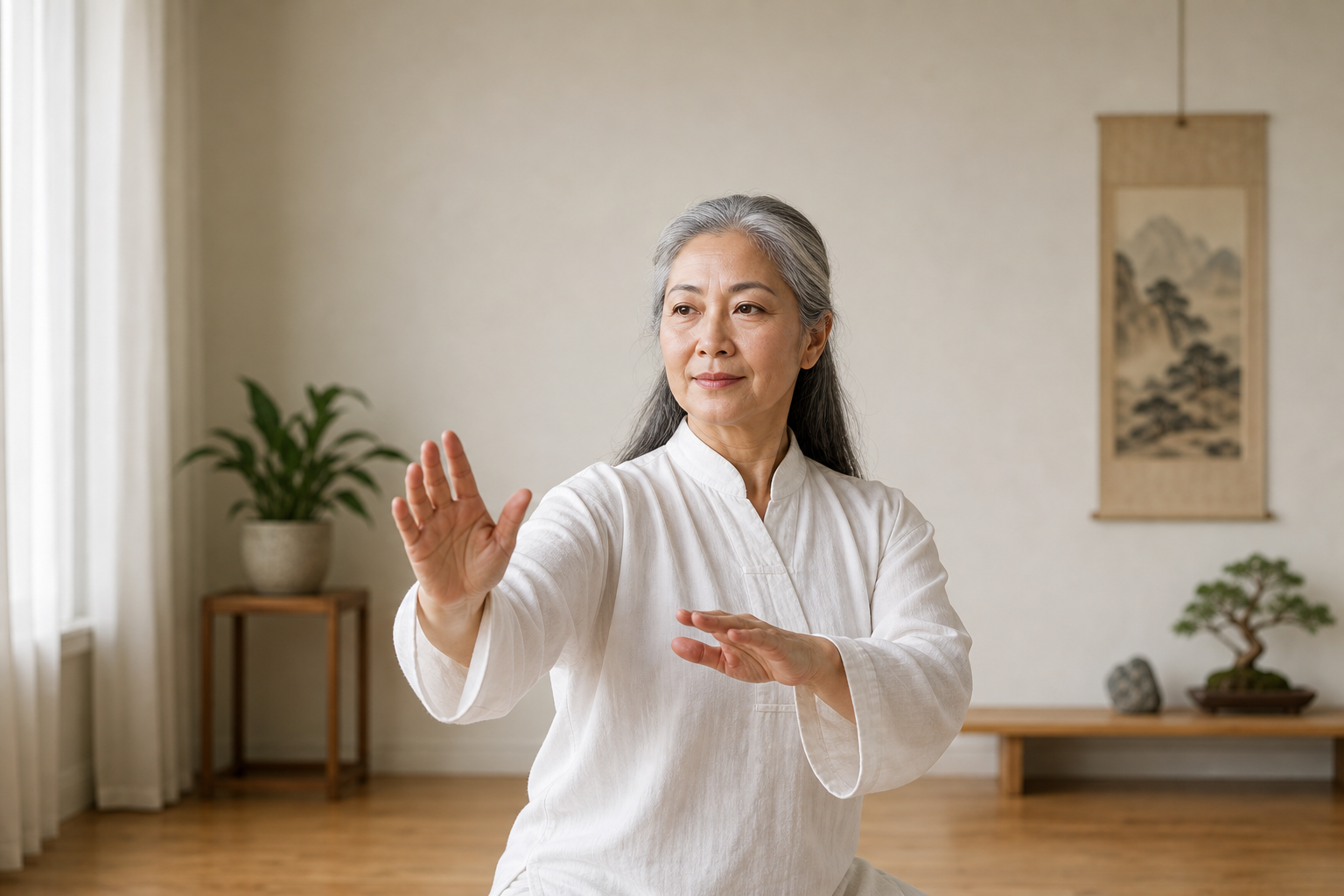 Older woman practicing tai chi indoors with calm expression