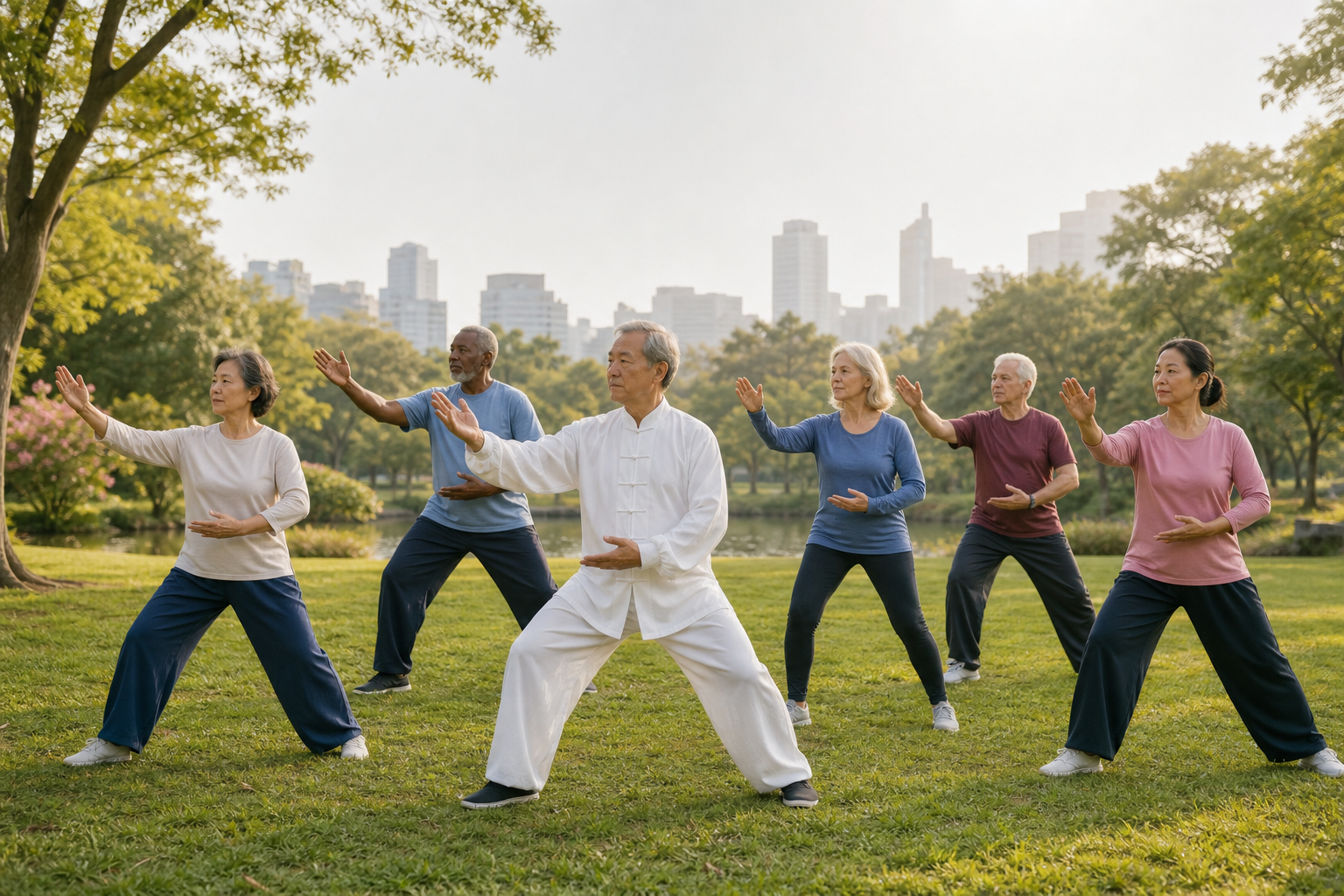Diverse seniors practicing tai chi in a park for arthritis and balance