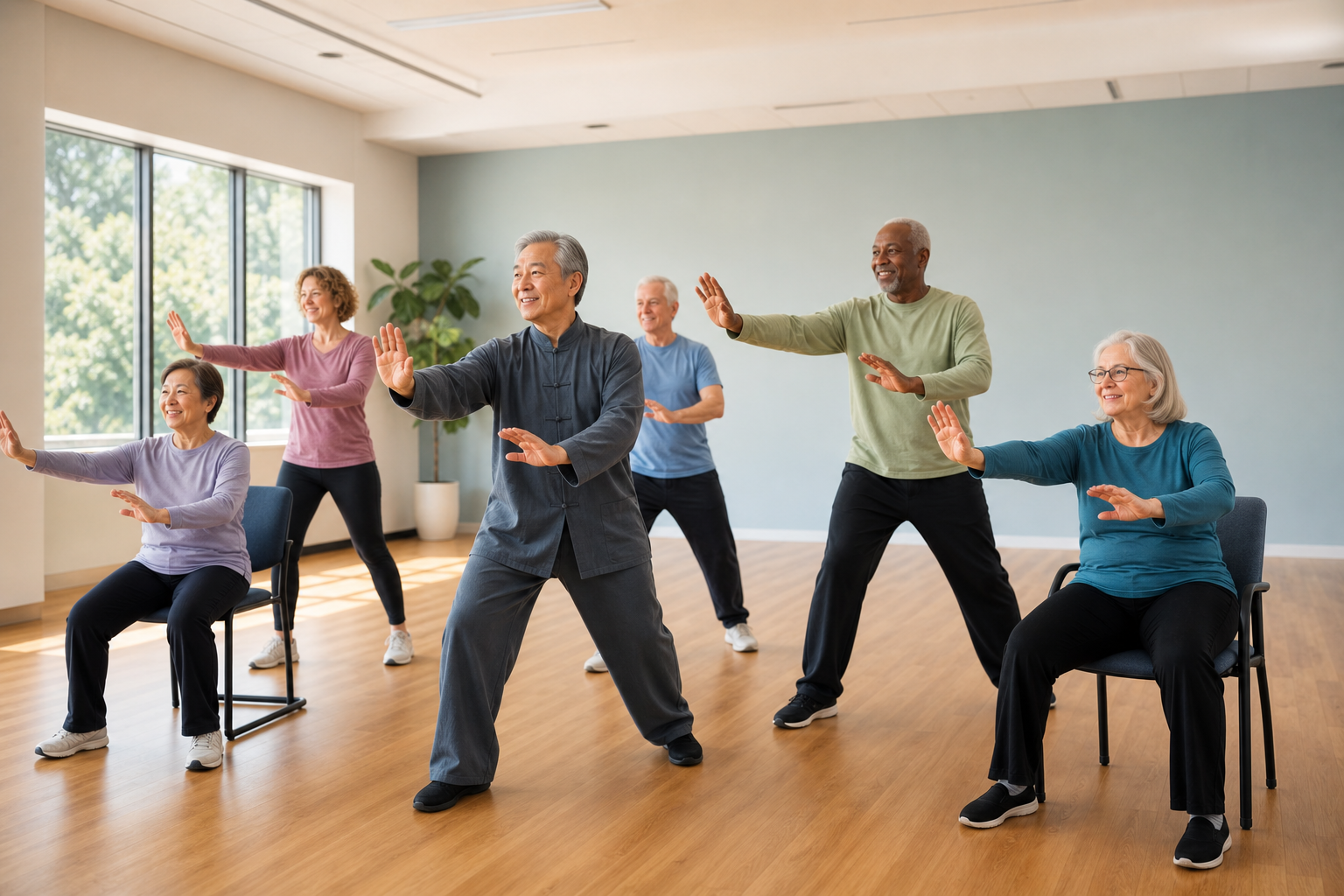 Tai chi class in community center with participants using chairs for arthritis support